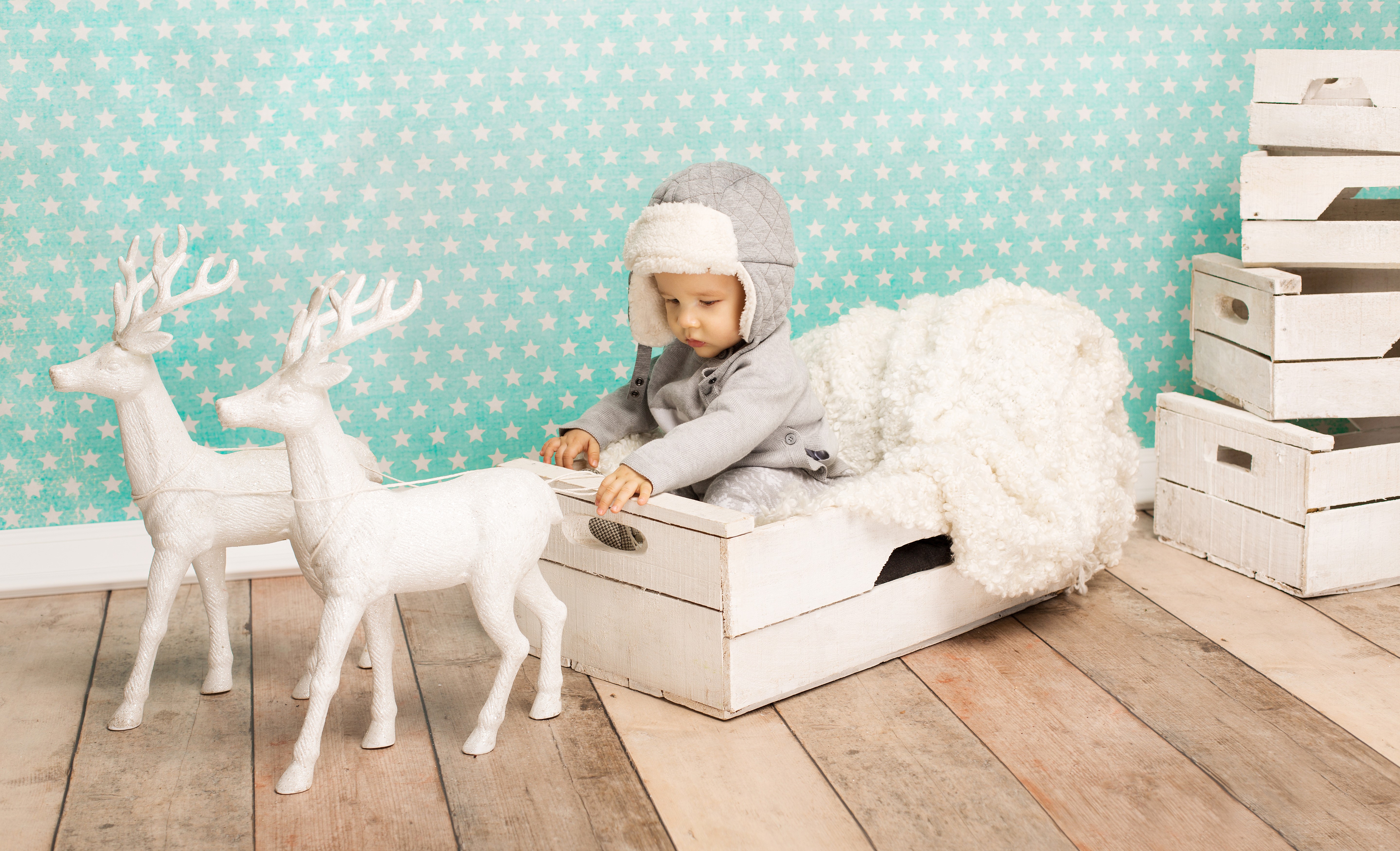 Boy in Winter Hat with Deer Decorations HD Wallpaper