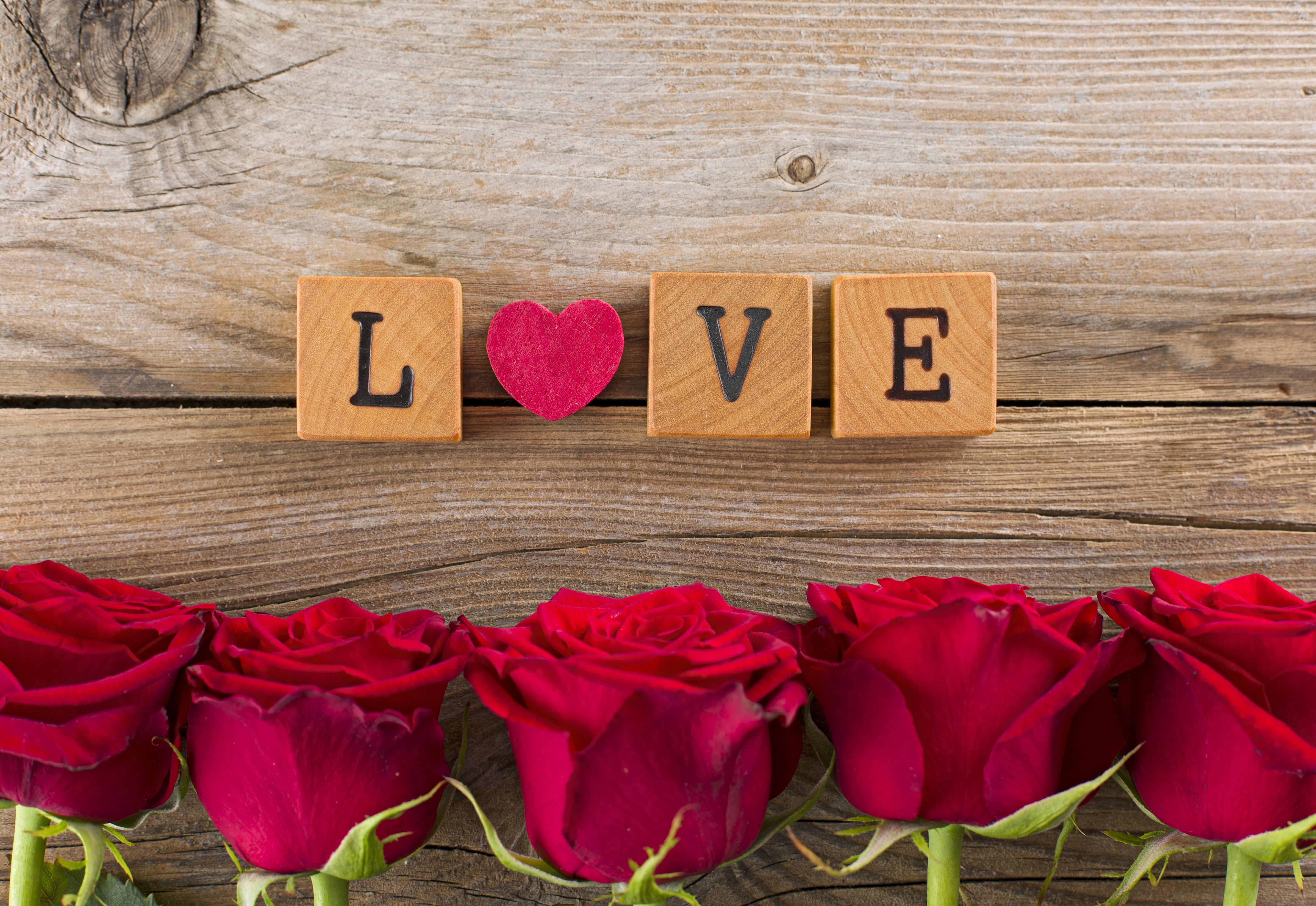 Wooden blocks spelling LOVE with red roses HD Wallpaper