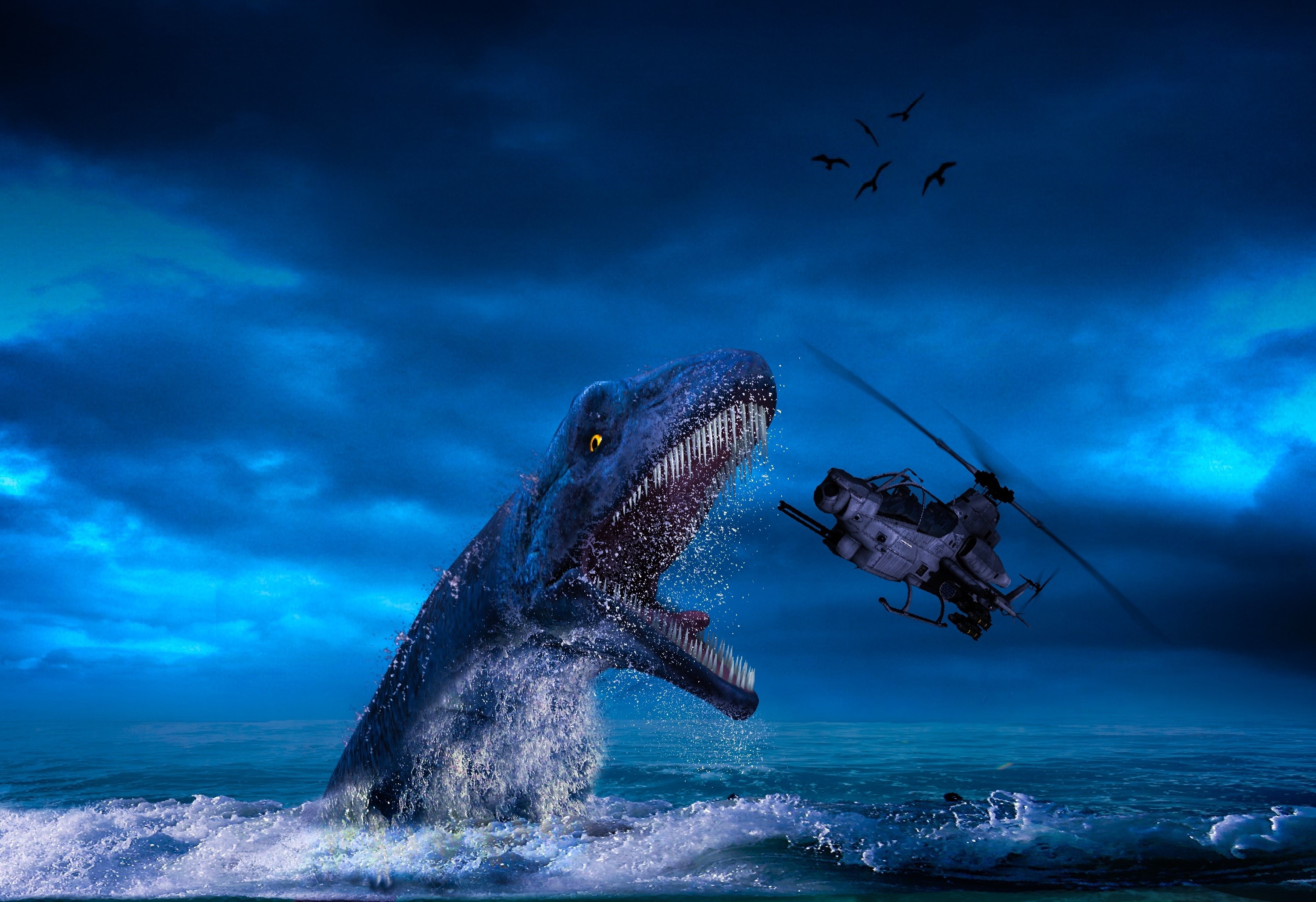 Dinosaur attacking a helicopter in the ocean HD Wallpaper