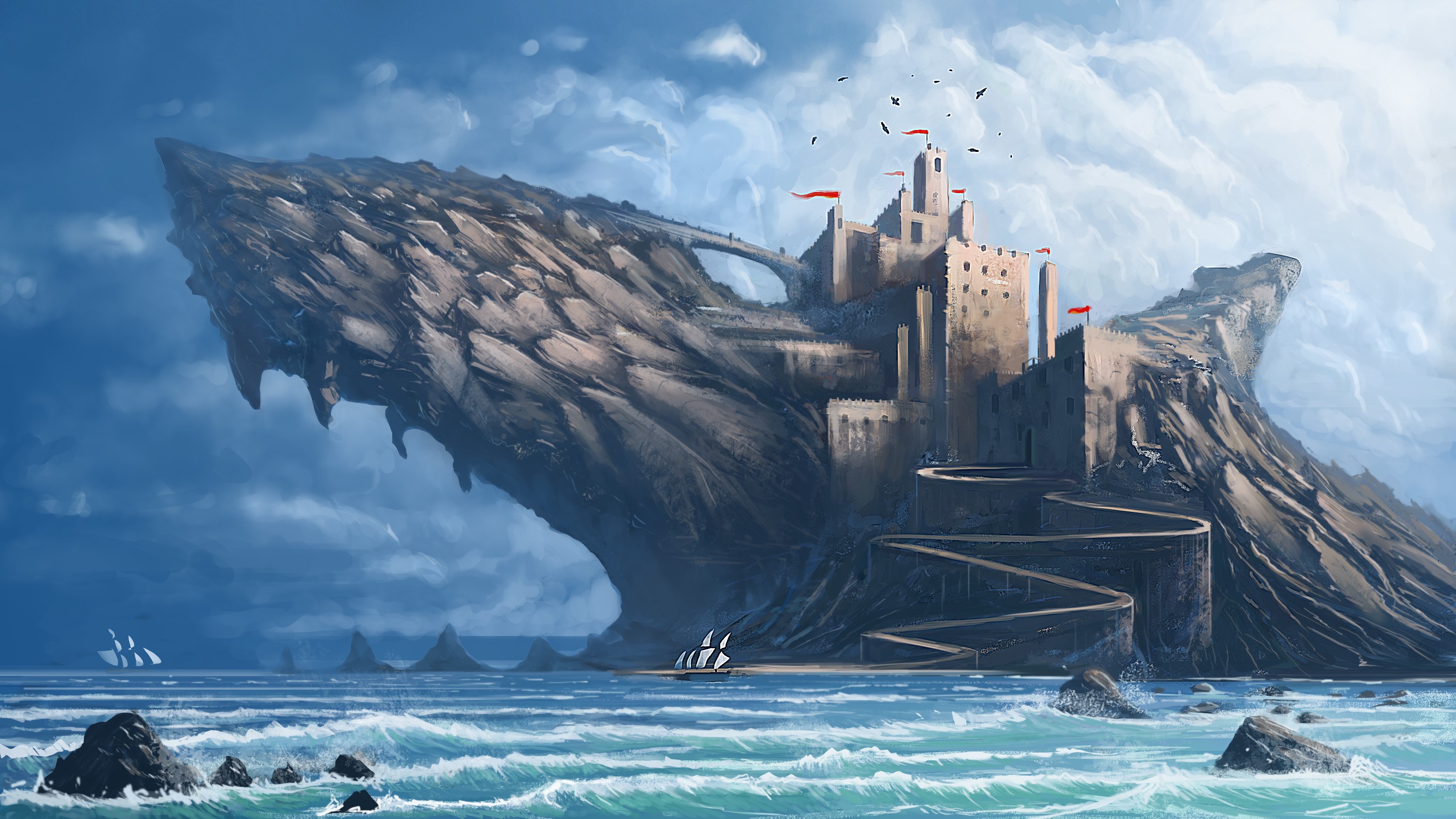 Castle on a rocky island overlooking the sea HD Wallpaper