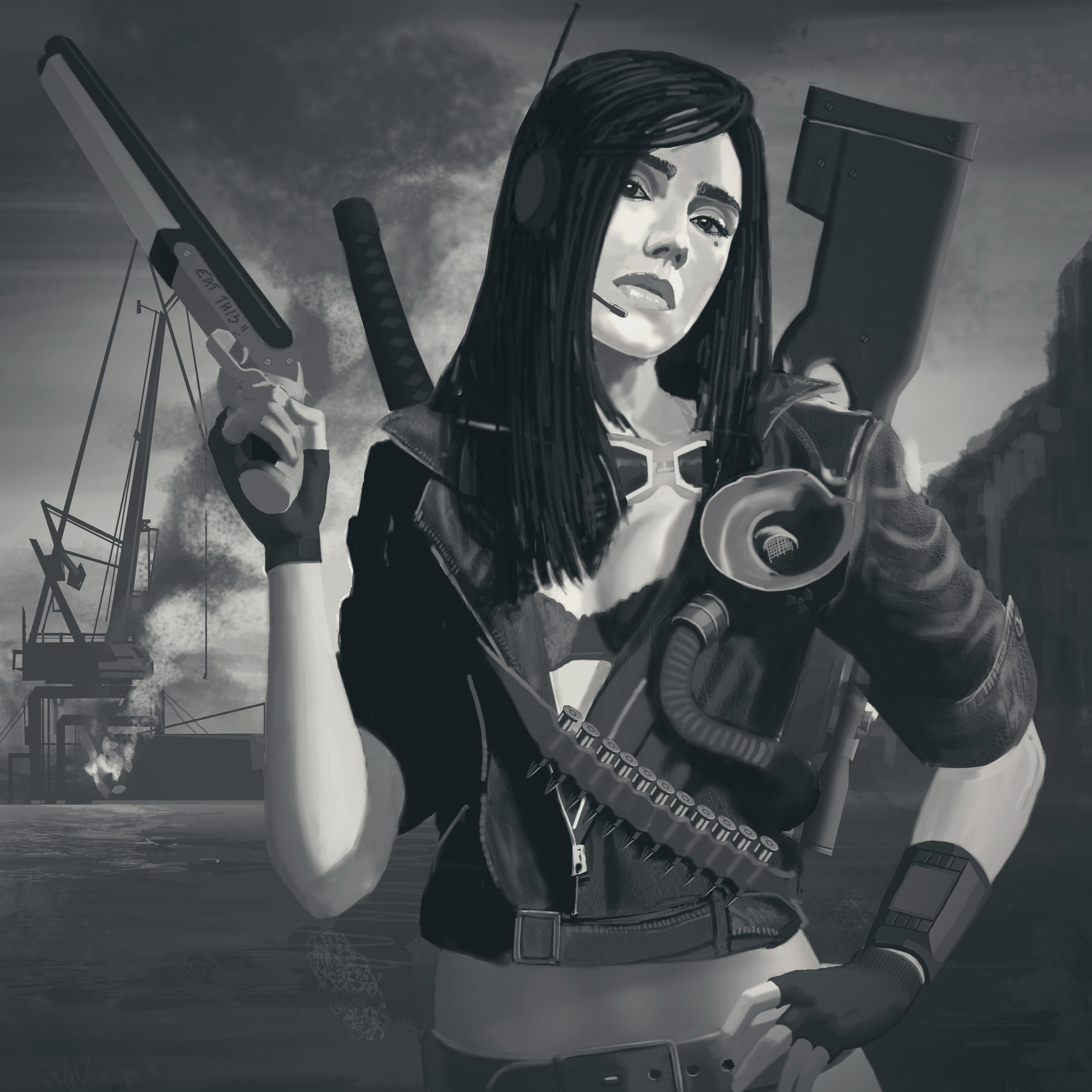 Brunette warrior with pistols and sniper rifle HD Wallpaper