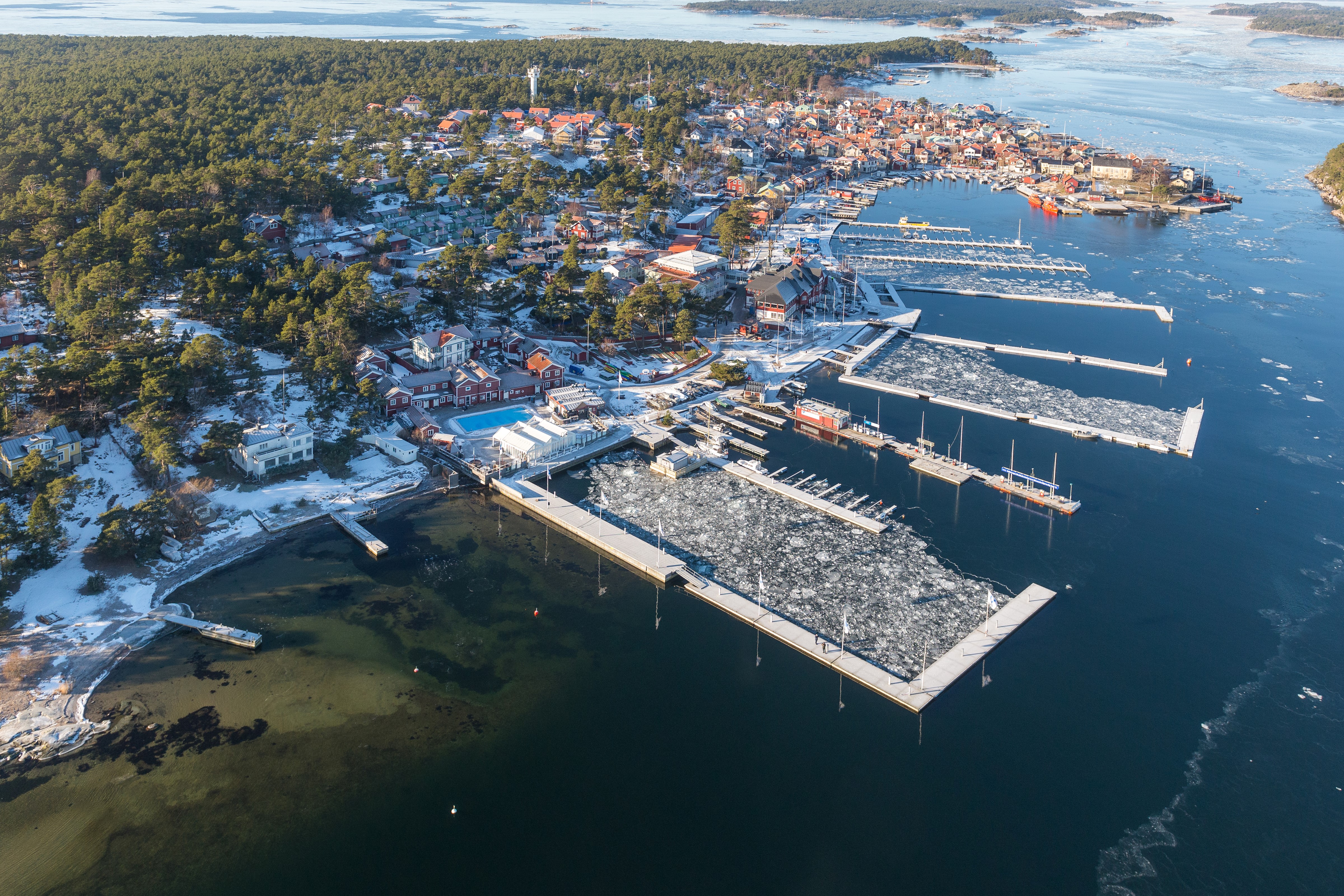 4K Sandhamn Sweden Marinas in Winter from Above HD Wallpaper