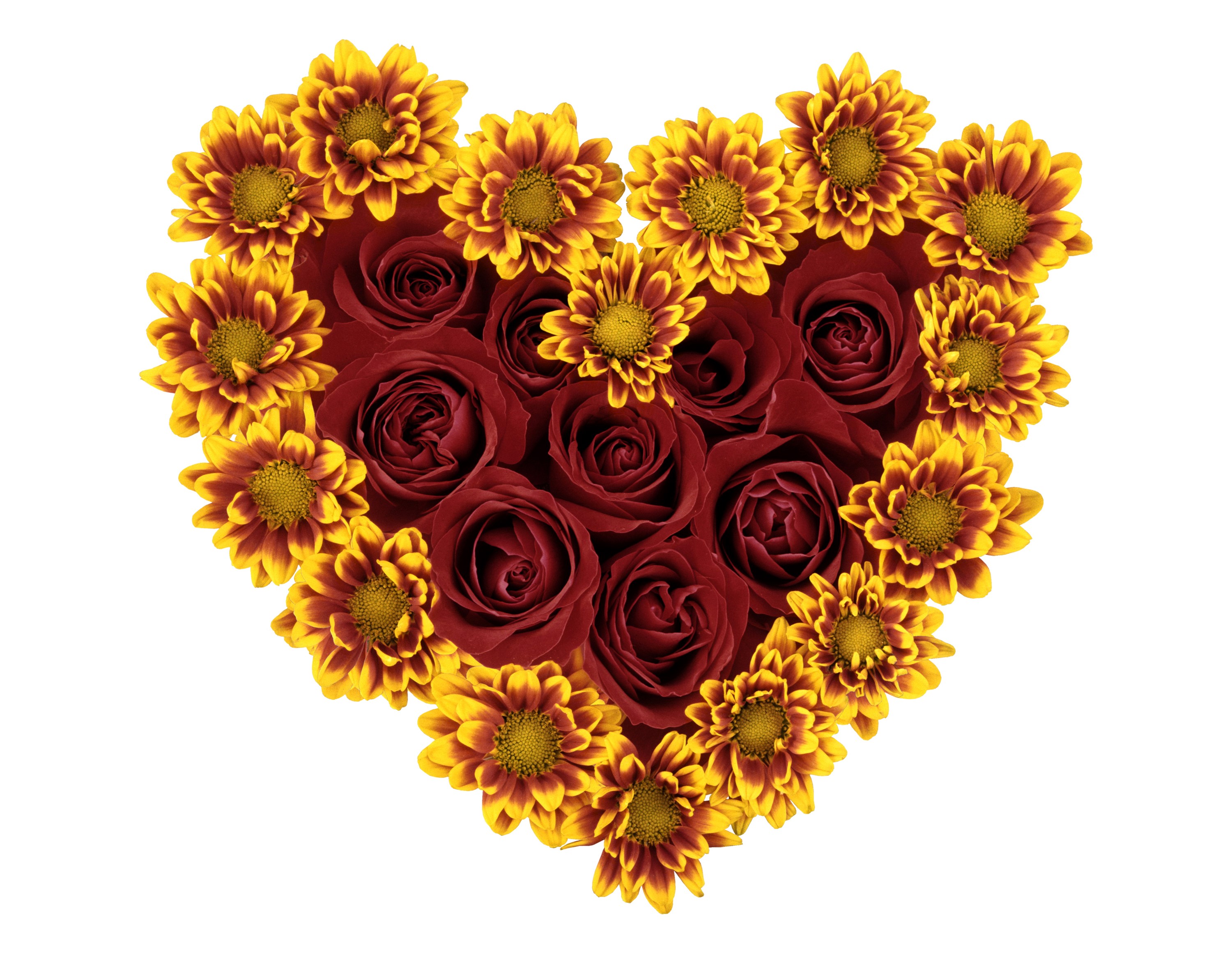 Heart shape arrangement of red roses and yellow flowers HD Wallpaper