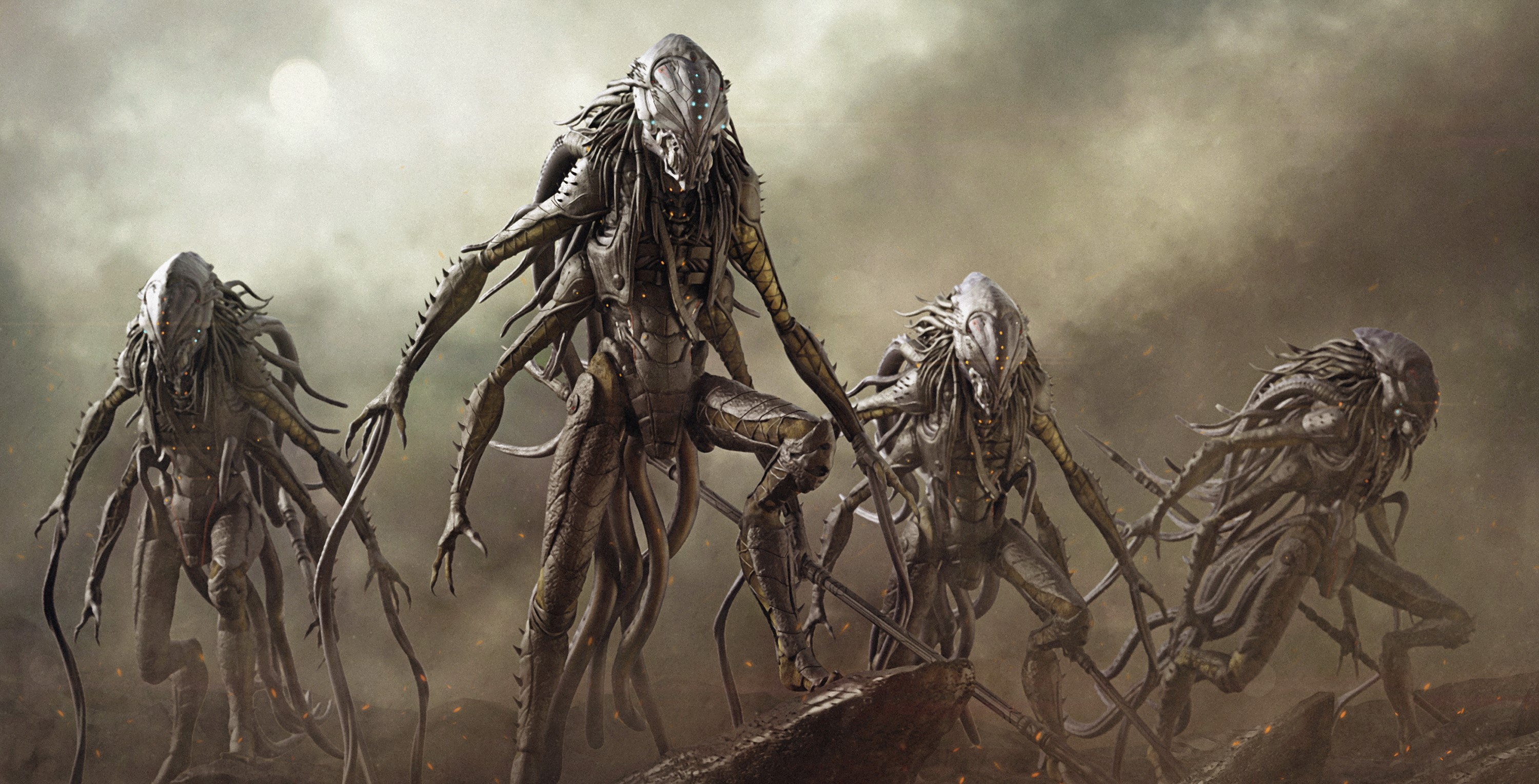 Four alien creatures in a desolate landscape HD Wallpaper