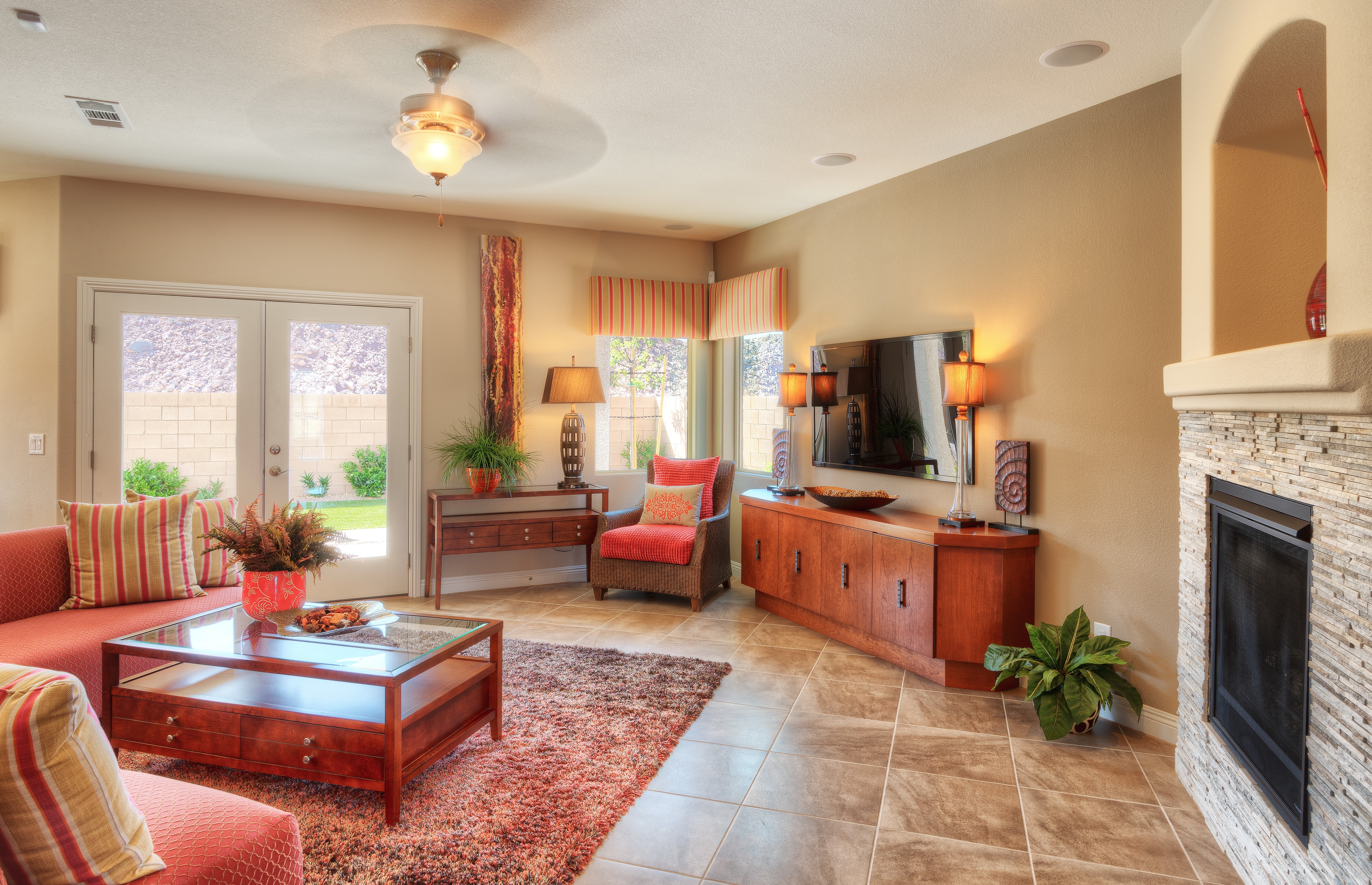 Living room with fireplace and armchair HD Wallpaper