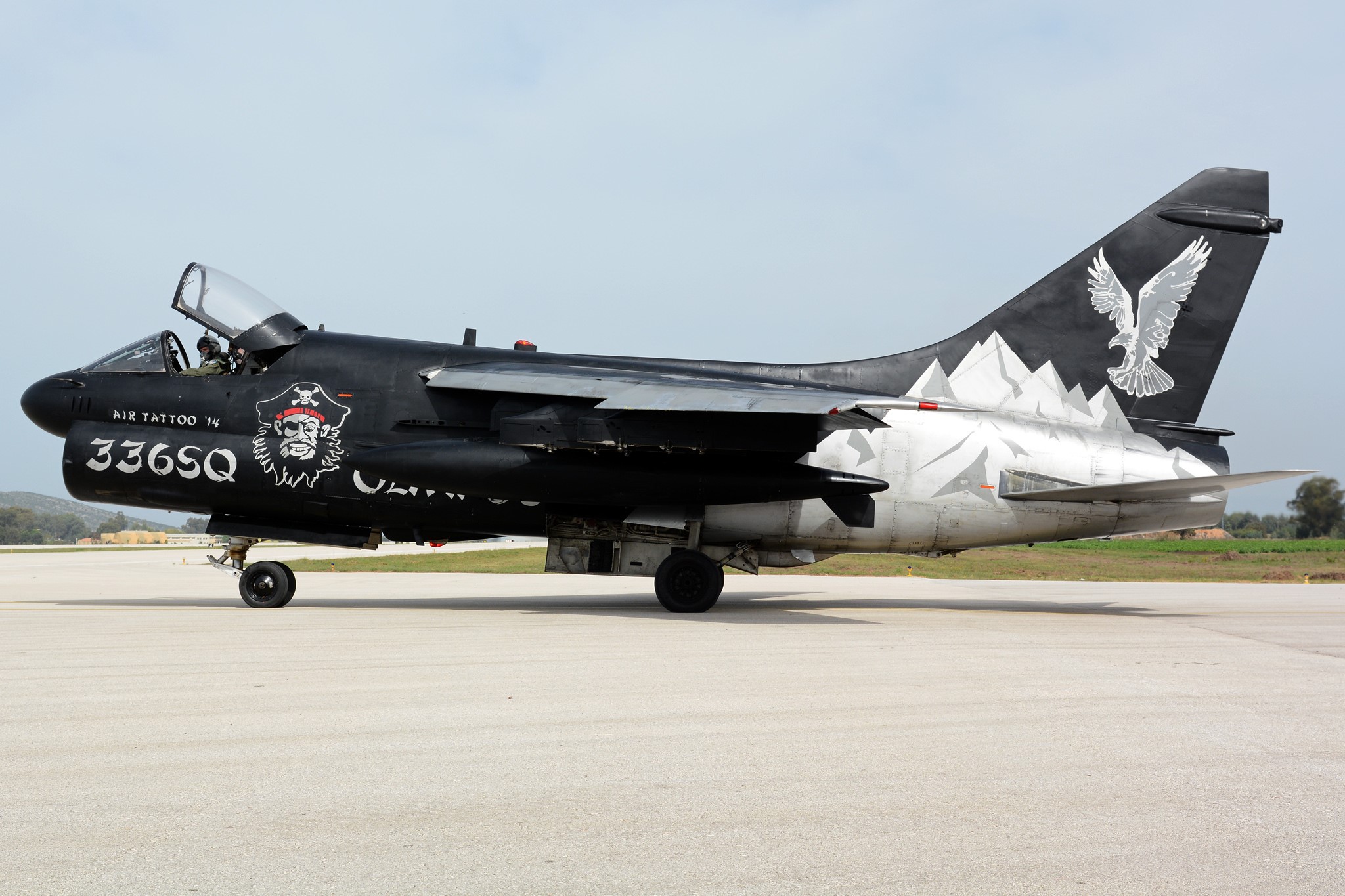 A-7H Corsair II aircraft with pirate and eagle livery HD Wallpaper