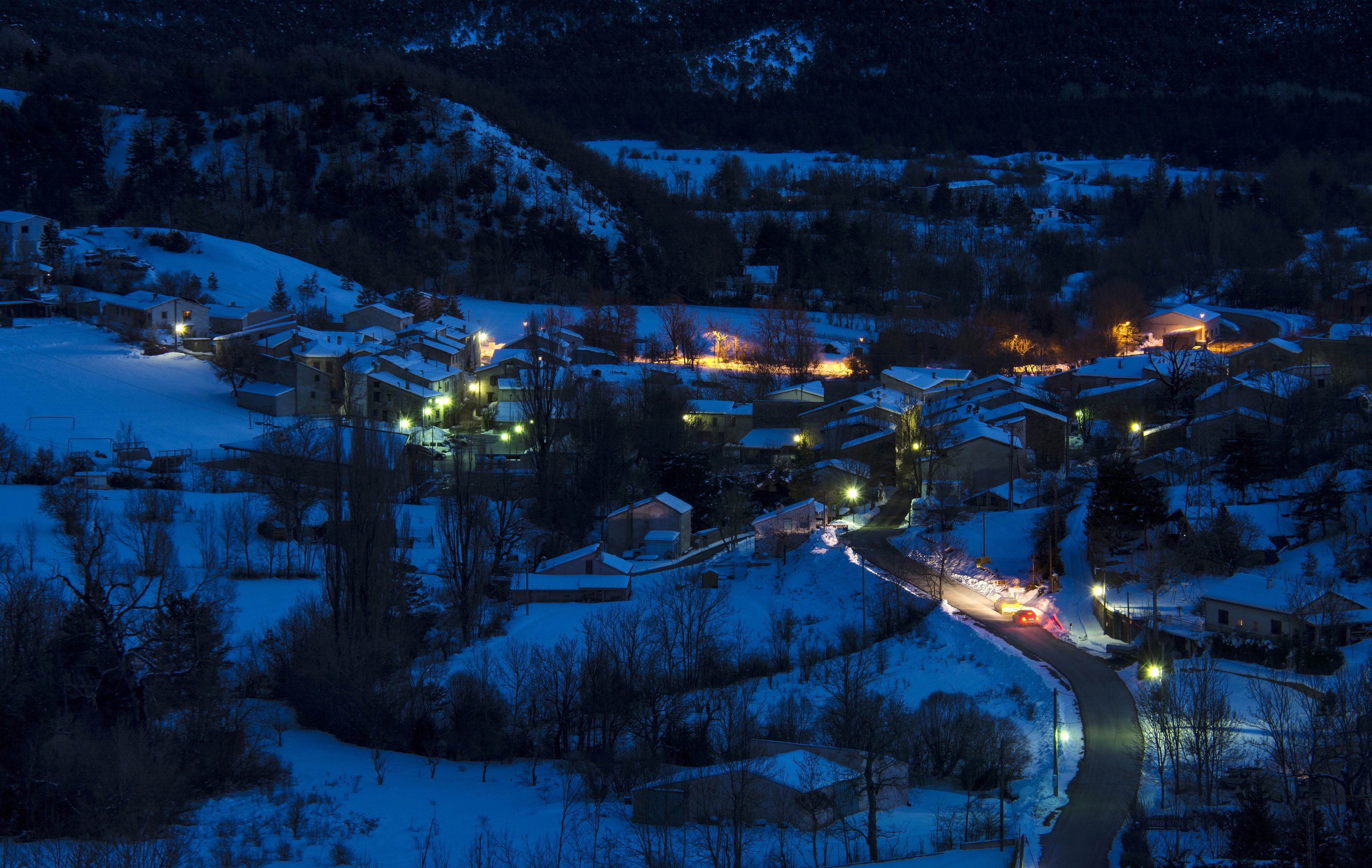 Houses in Soleilhas, France during winter night HD Wallpaper
