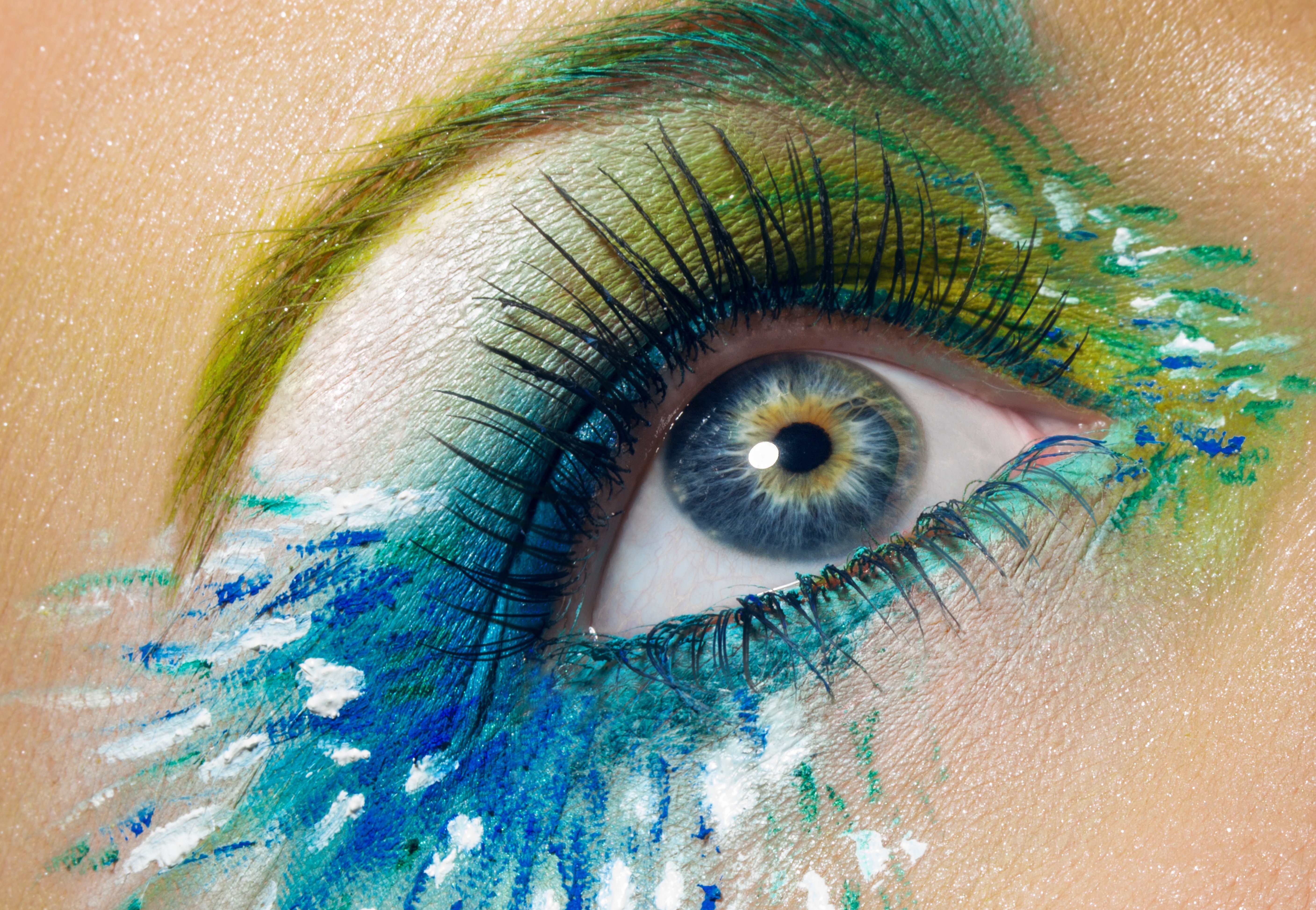 Close-up of eye with peacock feather makeup HD Wallpaper