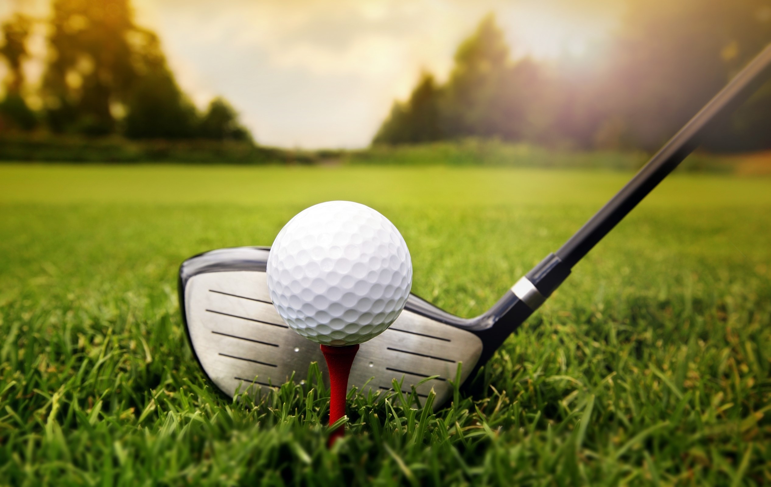 Golf club and ball on a tee on a golf course HD Wallpaper