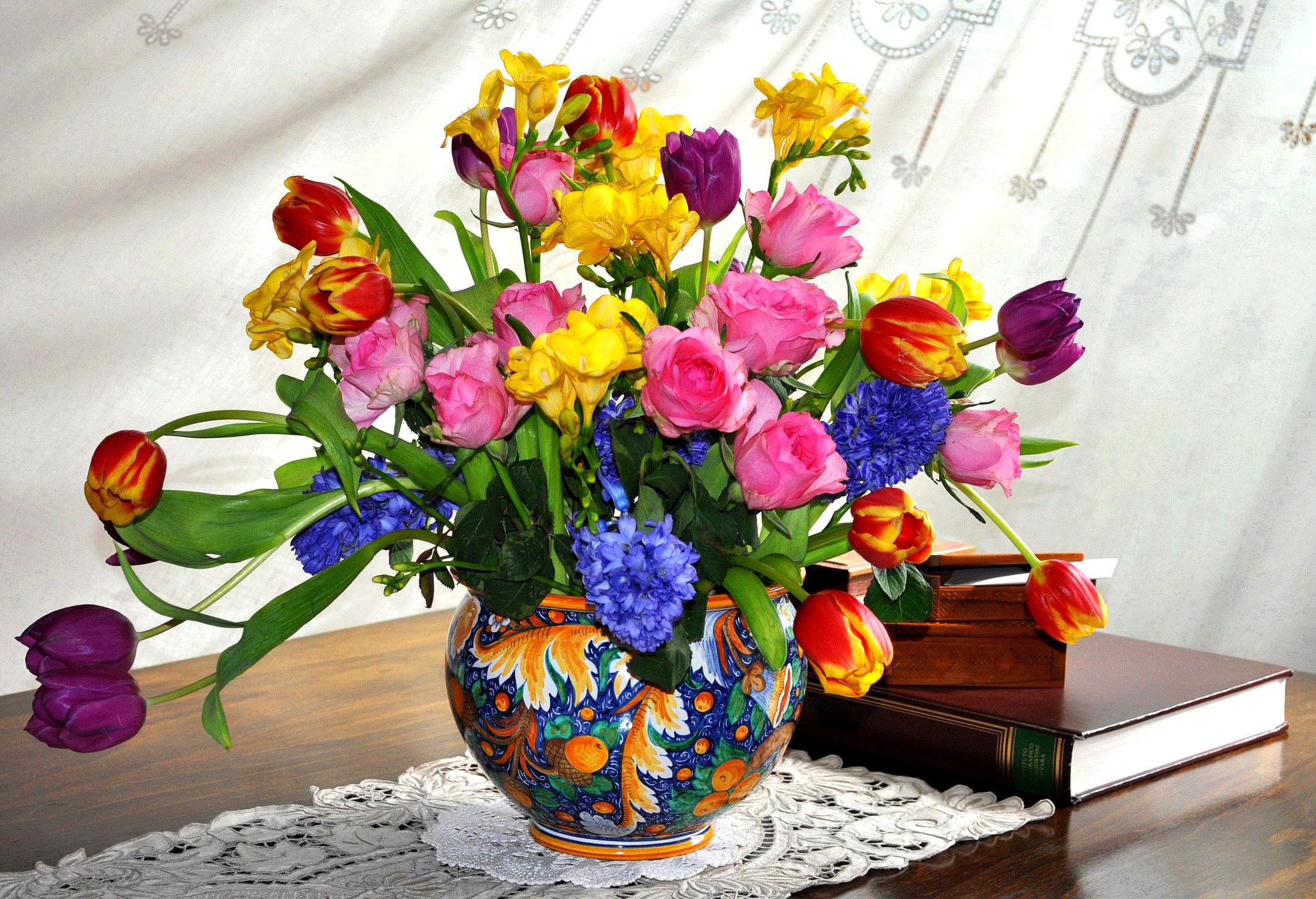 Colorful Spring Bouquet in a Decorative Vase HD Wallpaper
