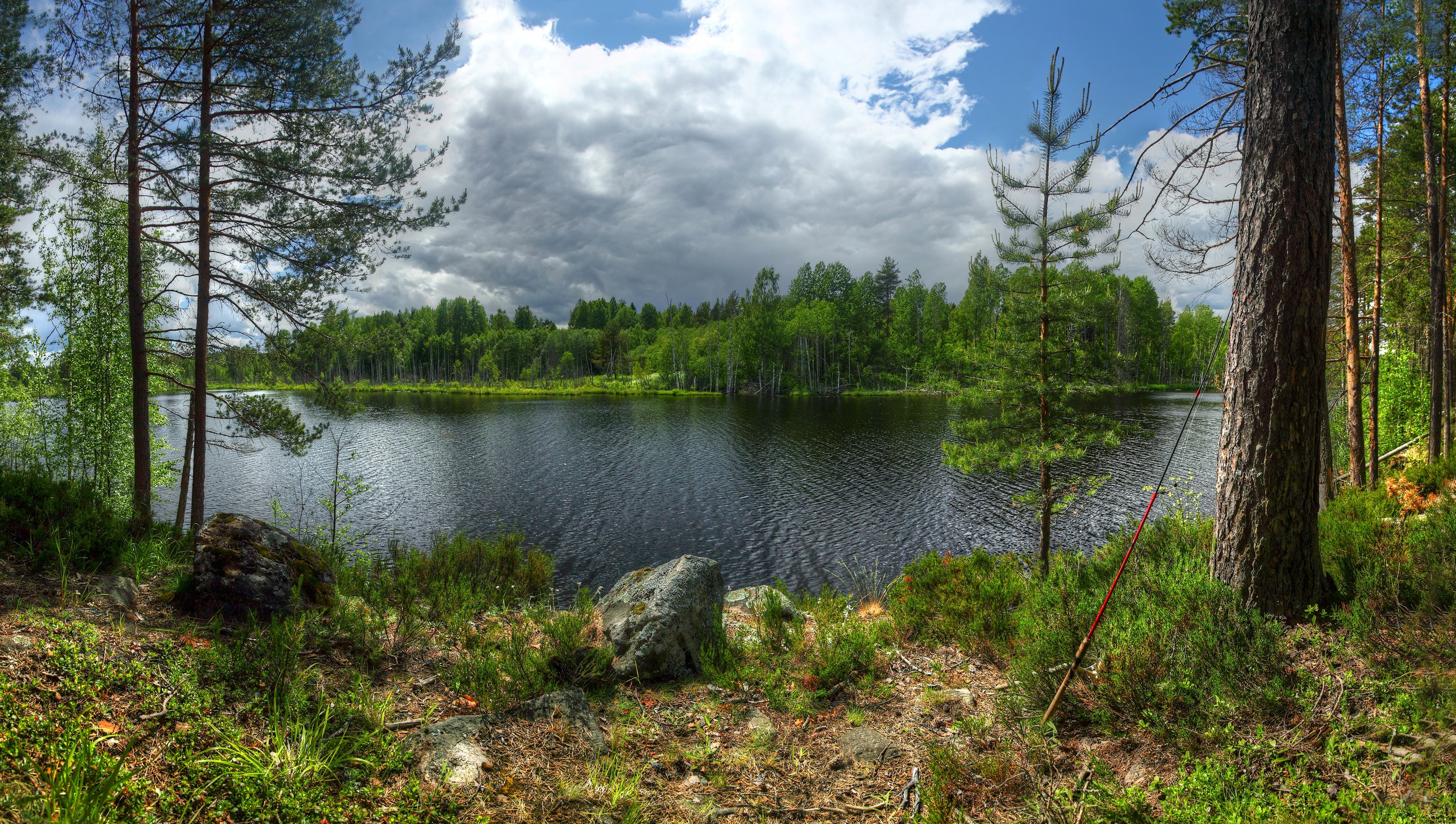 Lake Ladoga, Karelia, Russia with forest and stones HD Wallpaper