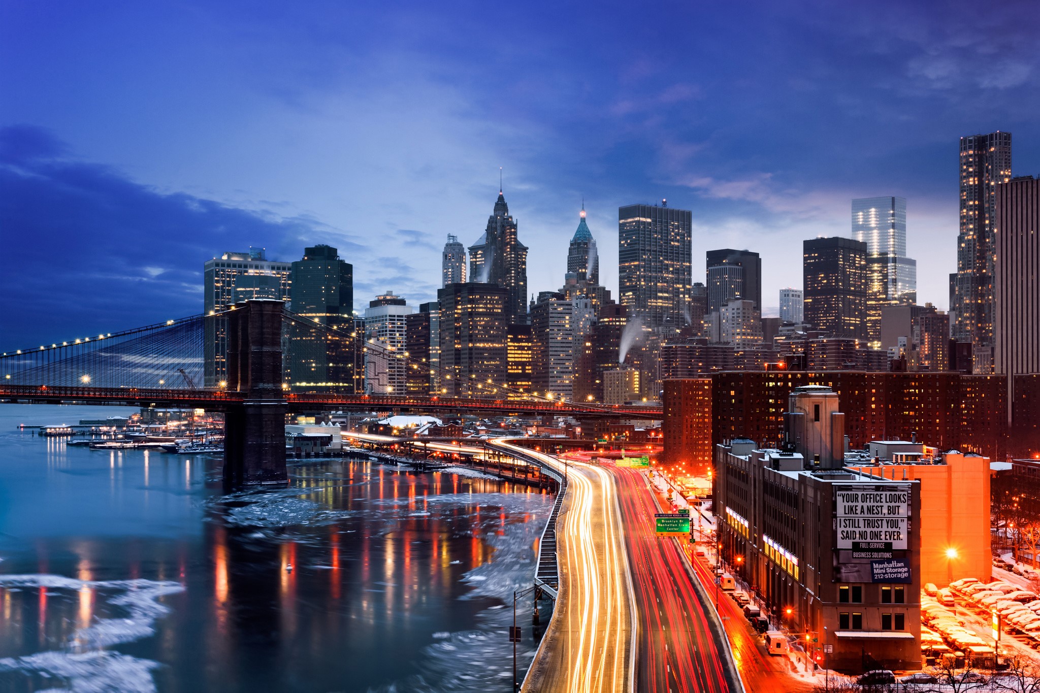 New York City Skyline and Brooklyn Bridge at Night HD Wallpaper
