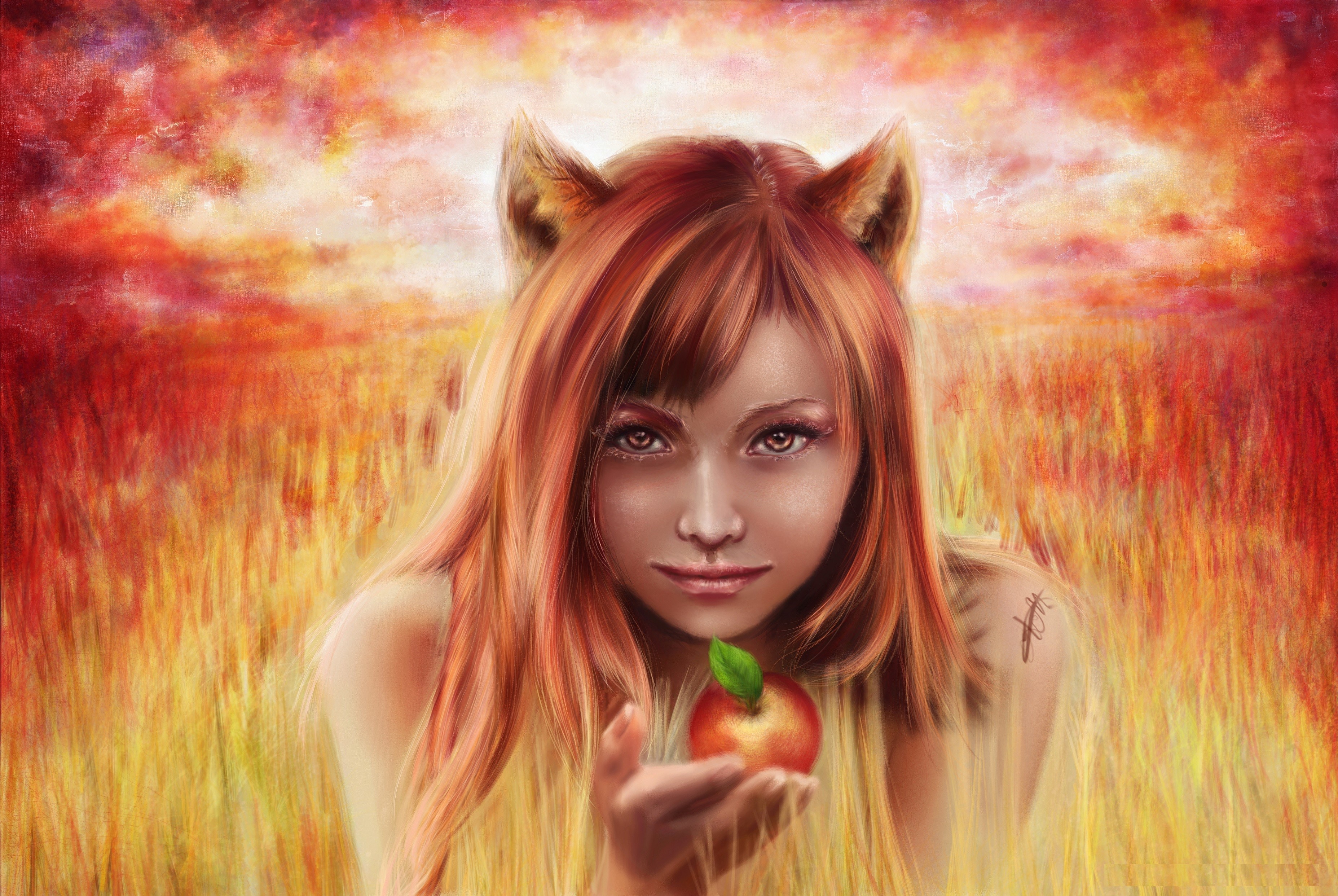 Redhead girl with cat ears holding an apple HD Wallpaper