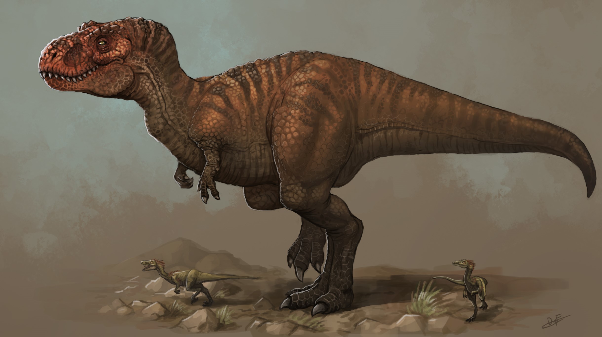 Tyrannosaurus Rex with smaller dinosaurs HD Wallpaper