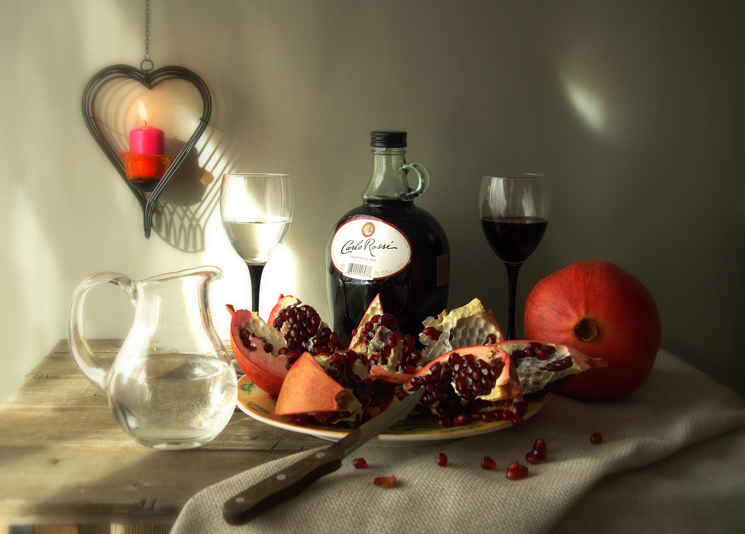 Still life with wine, pomegranates, and candle HD Wallpaper