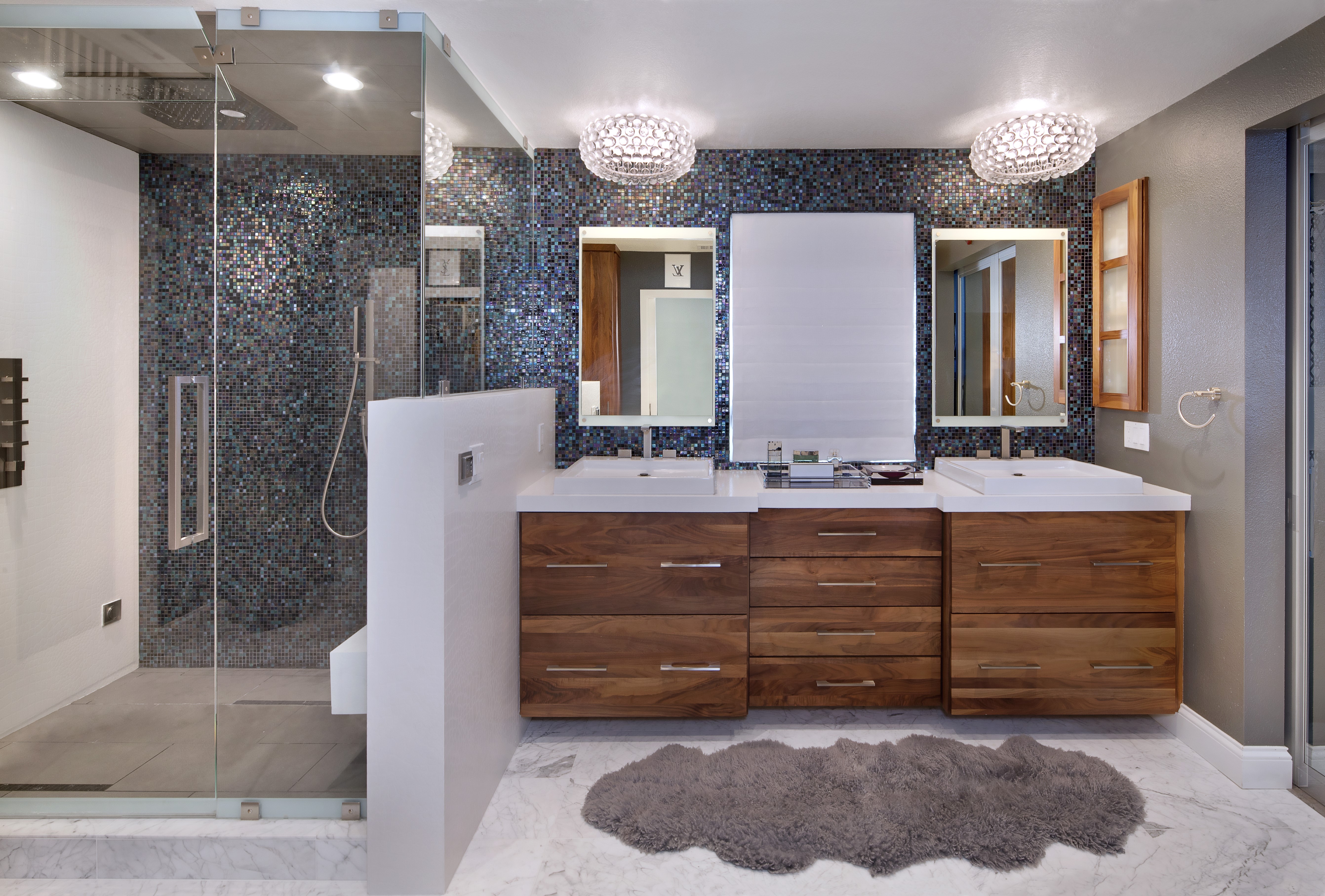 Modern Bathroom with Dual Vanities and Mosaic Shower HD Wallpaper