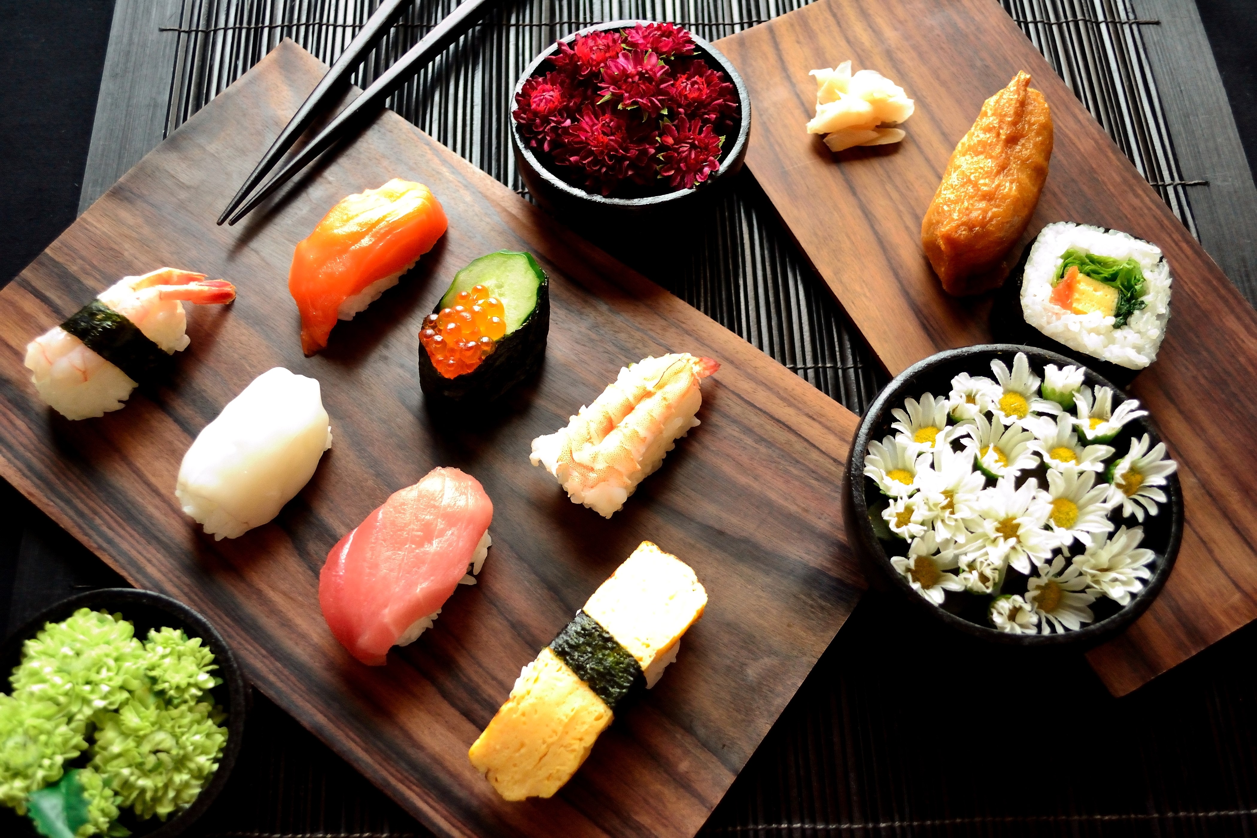 Sushi Platter with Flowers and Chopsticks HD Wallpaper