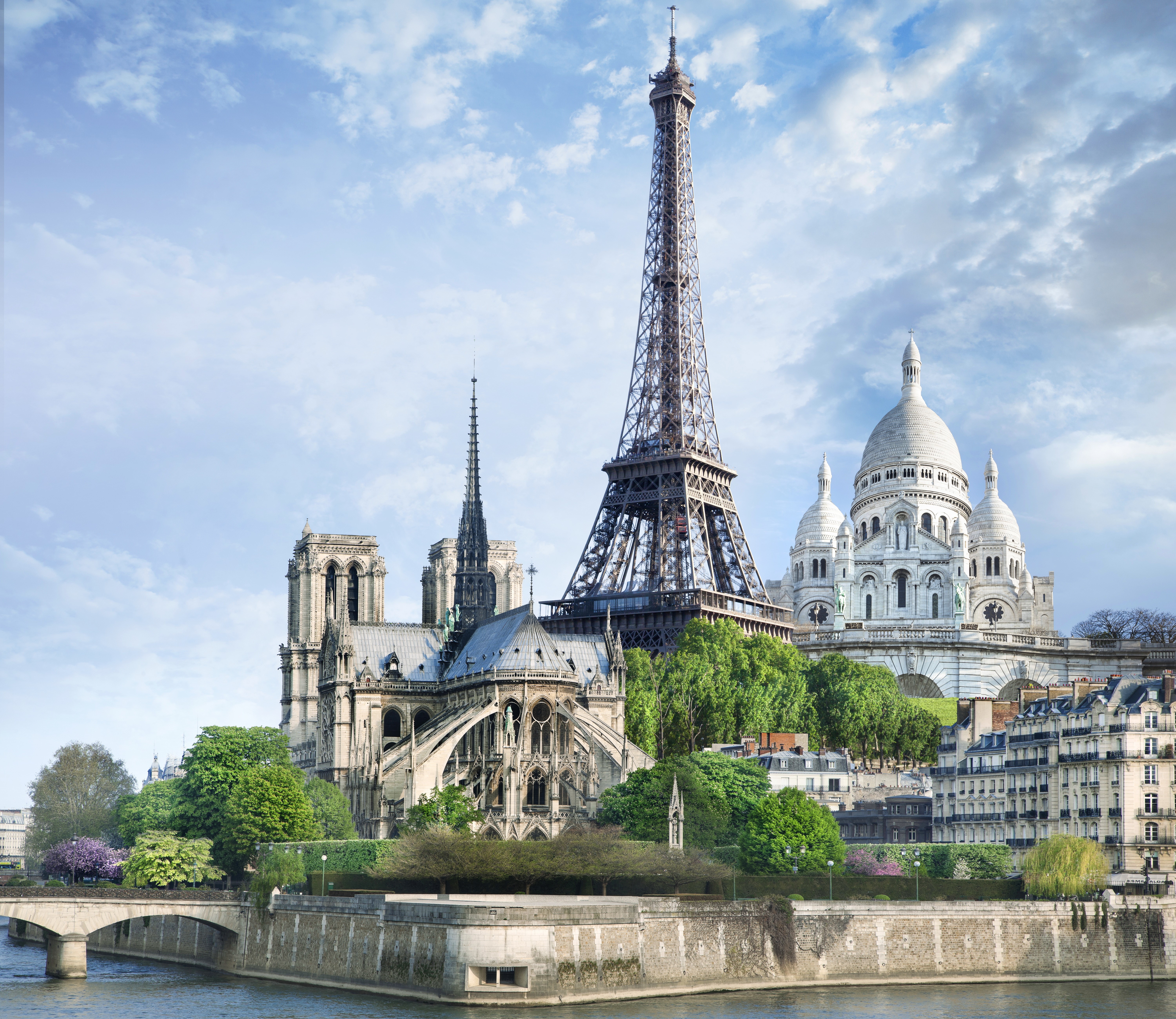 Paris landmarks: Eiffel Tower, Notre Dame, Sacre-Cœur HD Wallpaper
