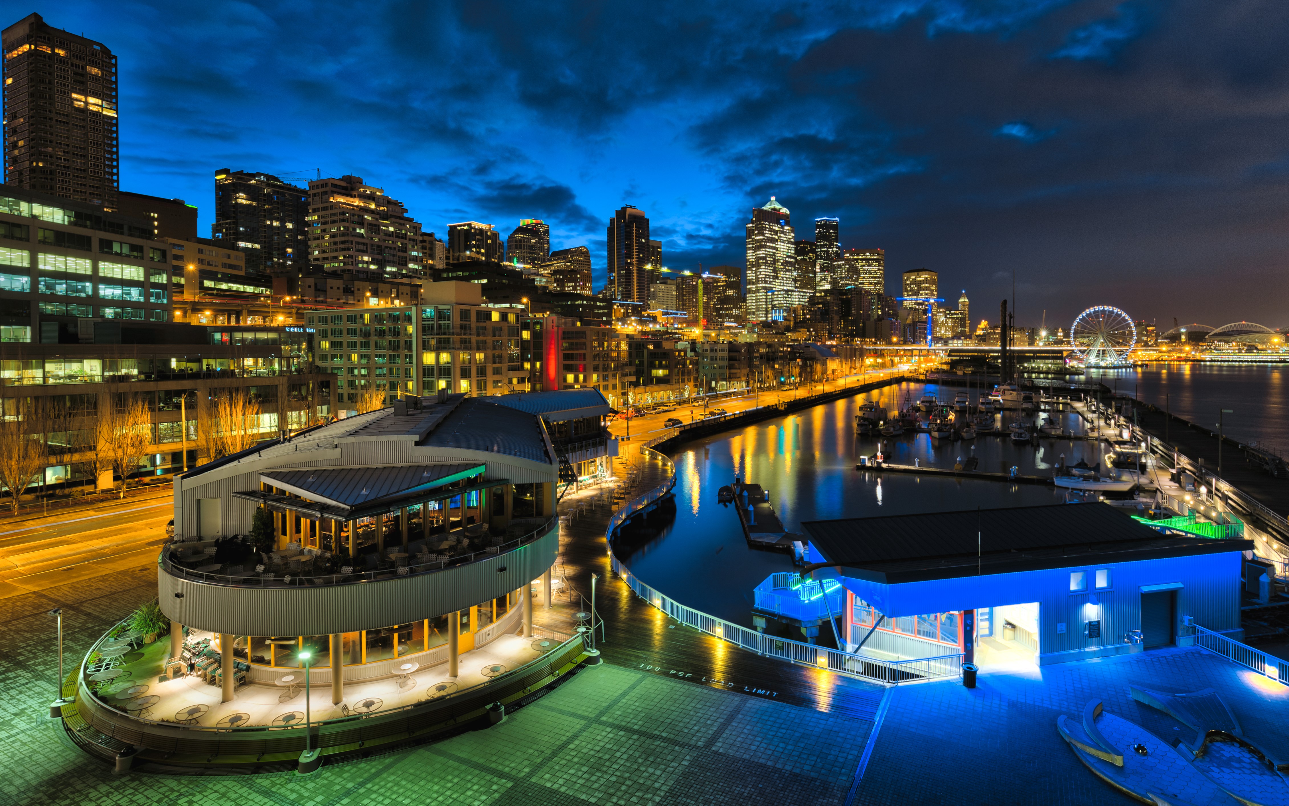 Seattle skyline and waterfront at night HD Wallpaper