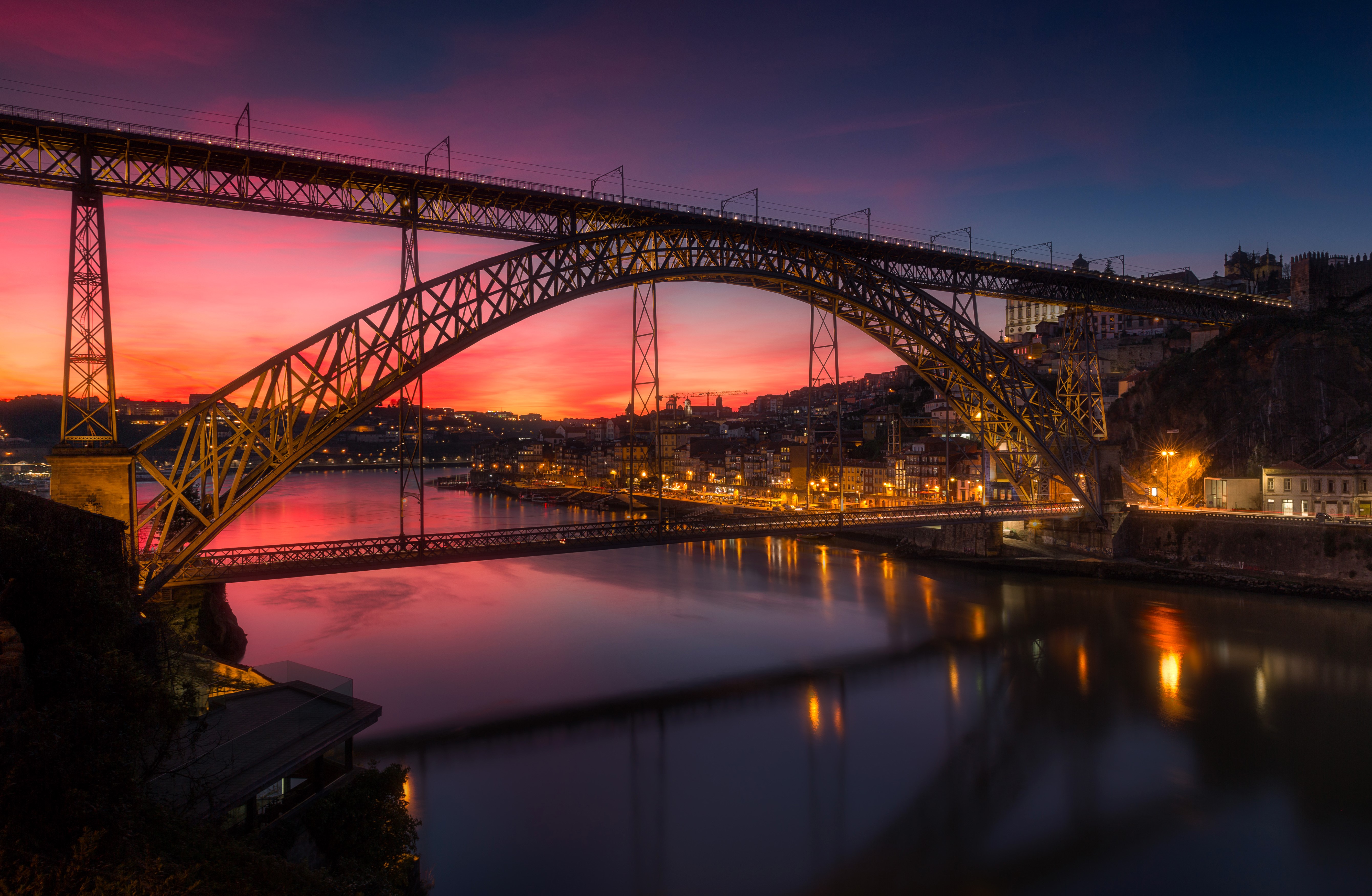 Dom Luís I Bridge over Douro River at Sunset, Porto, Portugal HD Wallpaper
