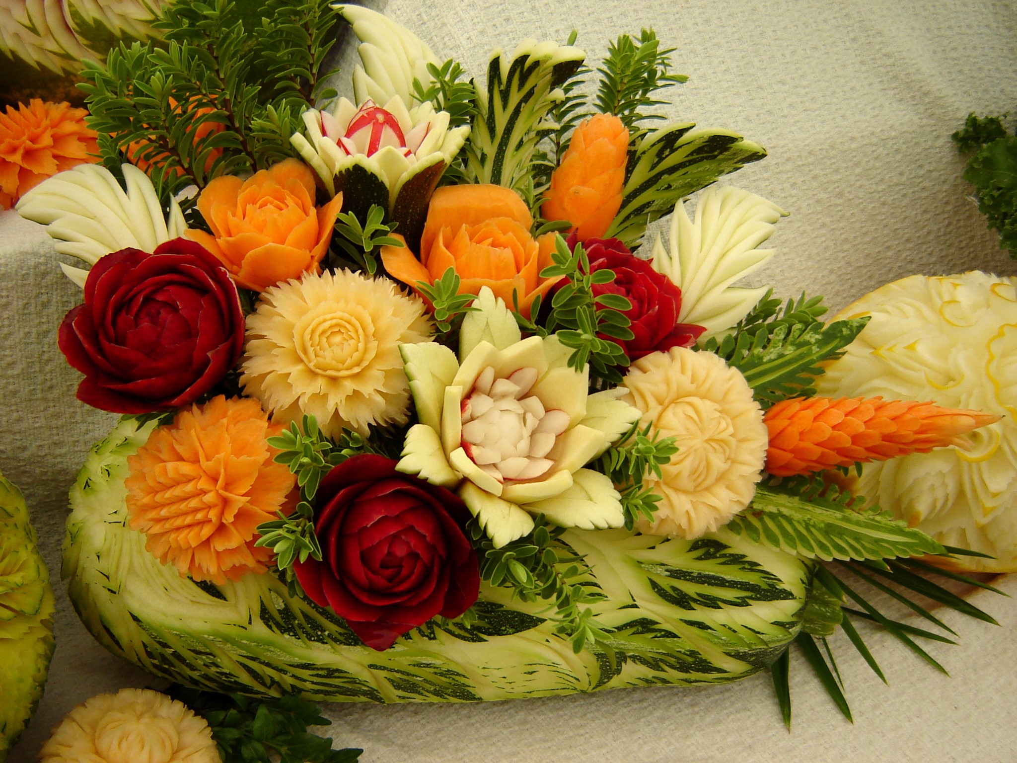 Carved vegetables arranged in a floral design HD Wallpaper