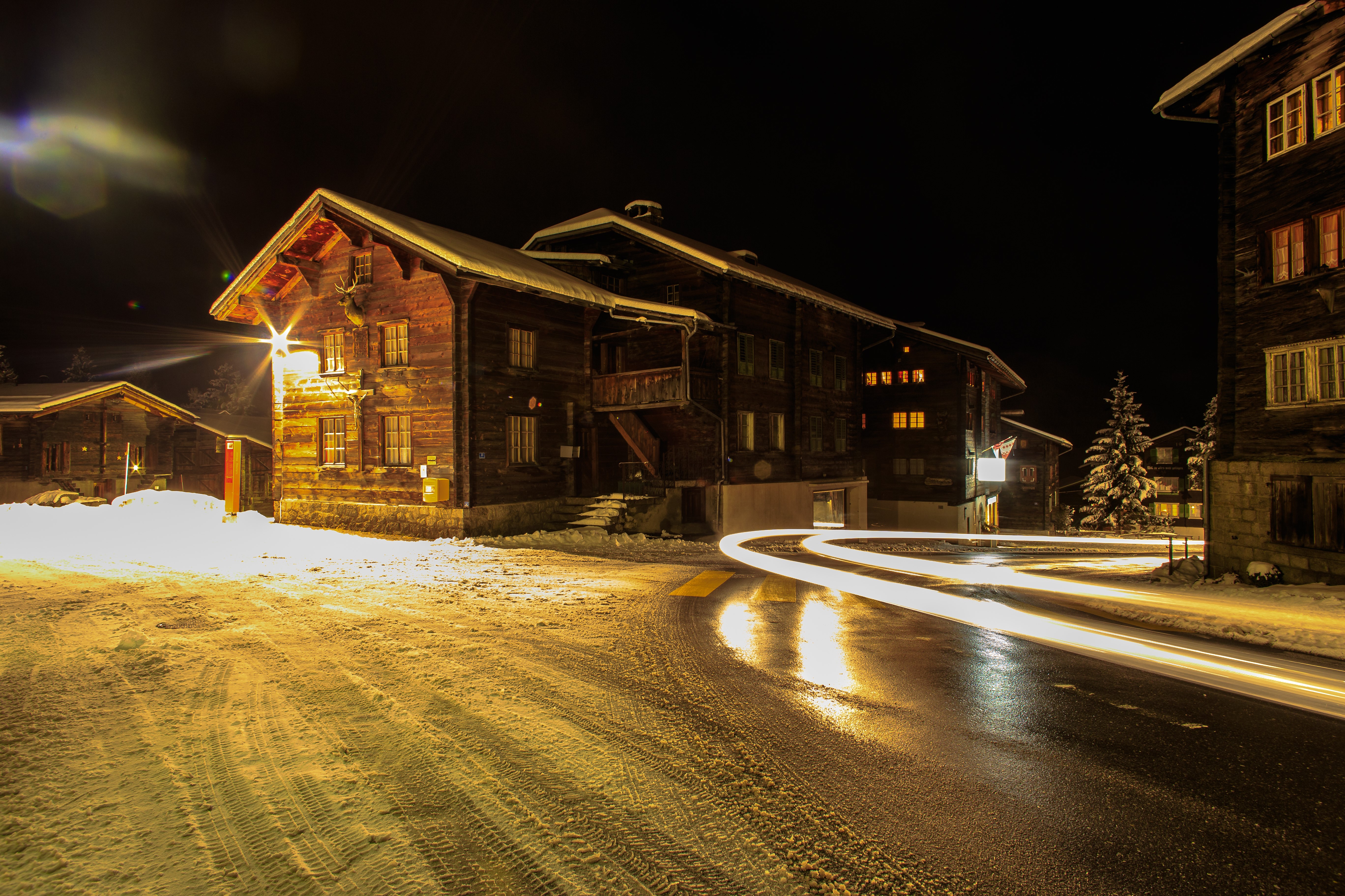 Winter Night in Muenster Goms, Switzerland HD Wallpaper