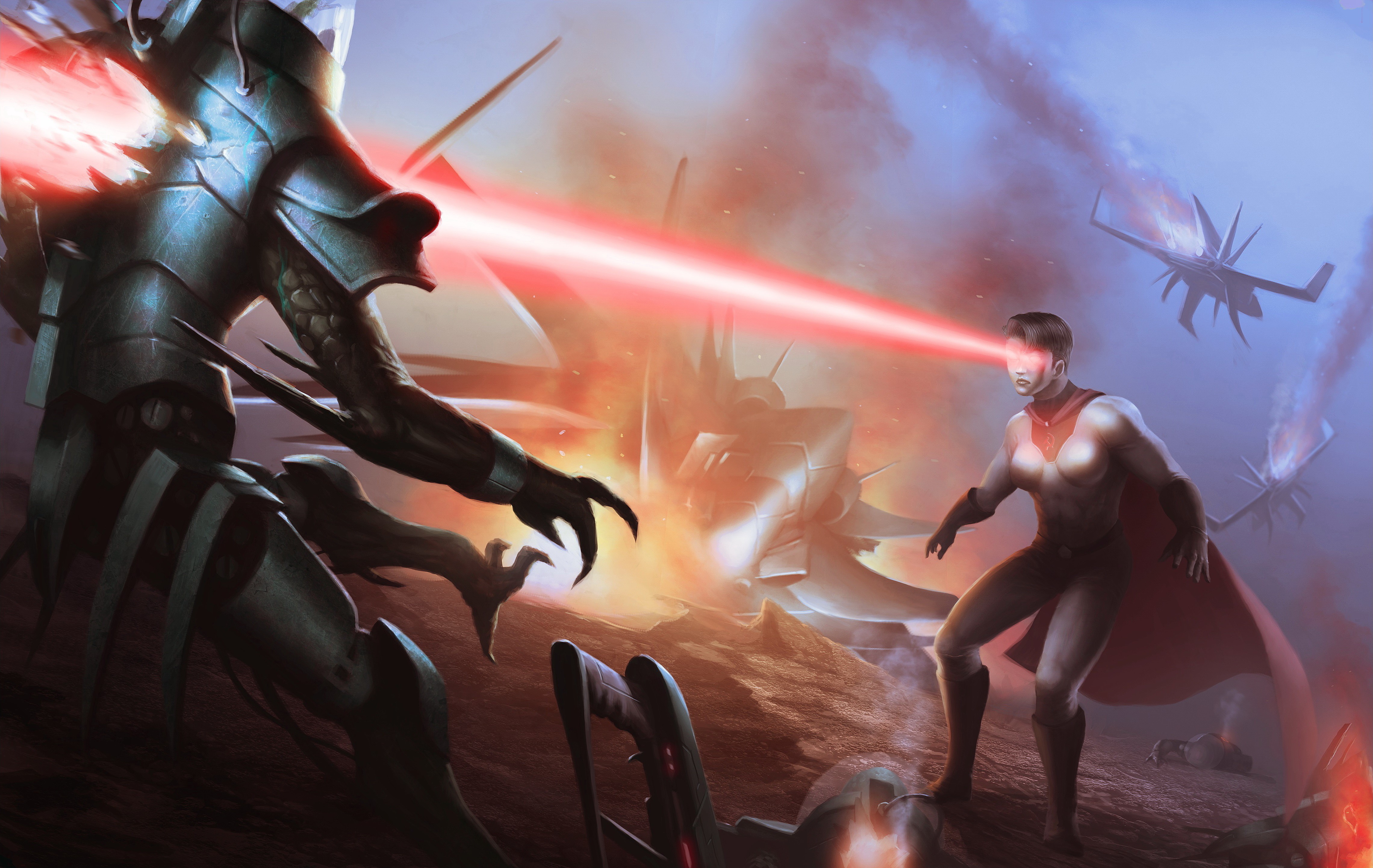 Superman battling alien warriors with heat vision HD Wallpaper