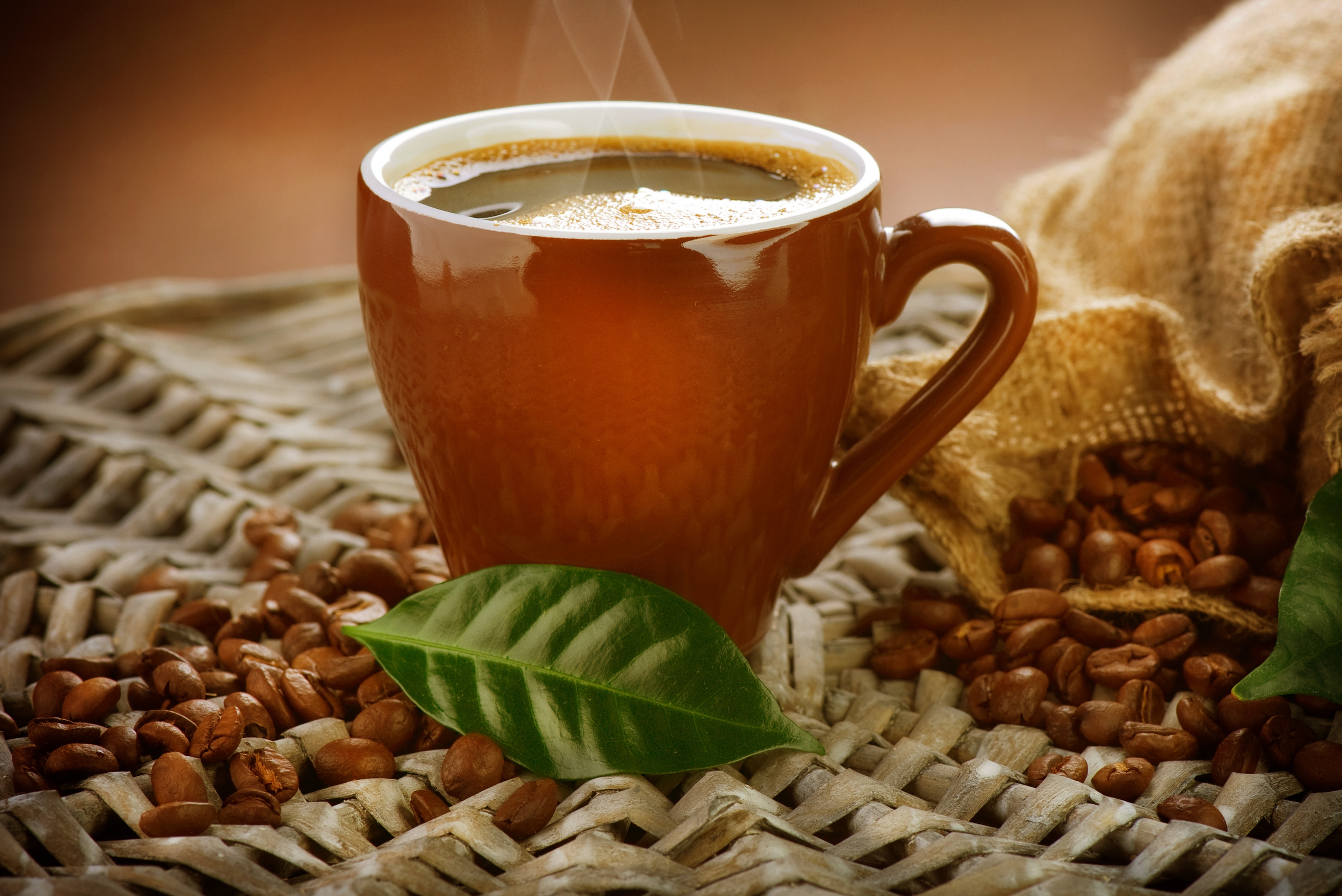 Coffee cup with beans and leaf HD Wallpaper