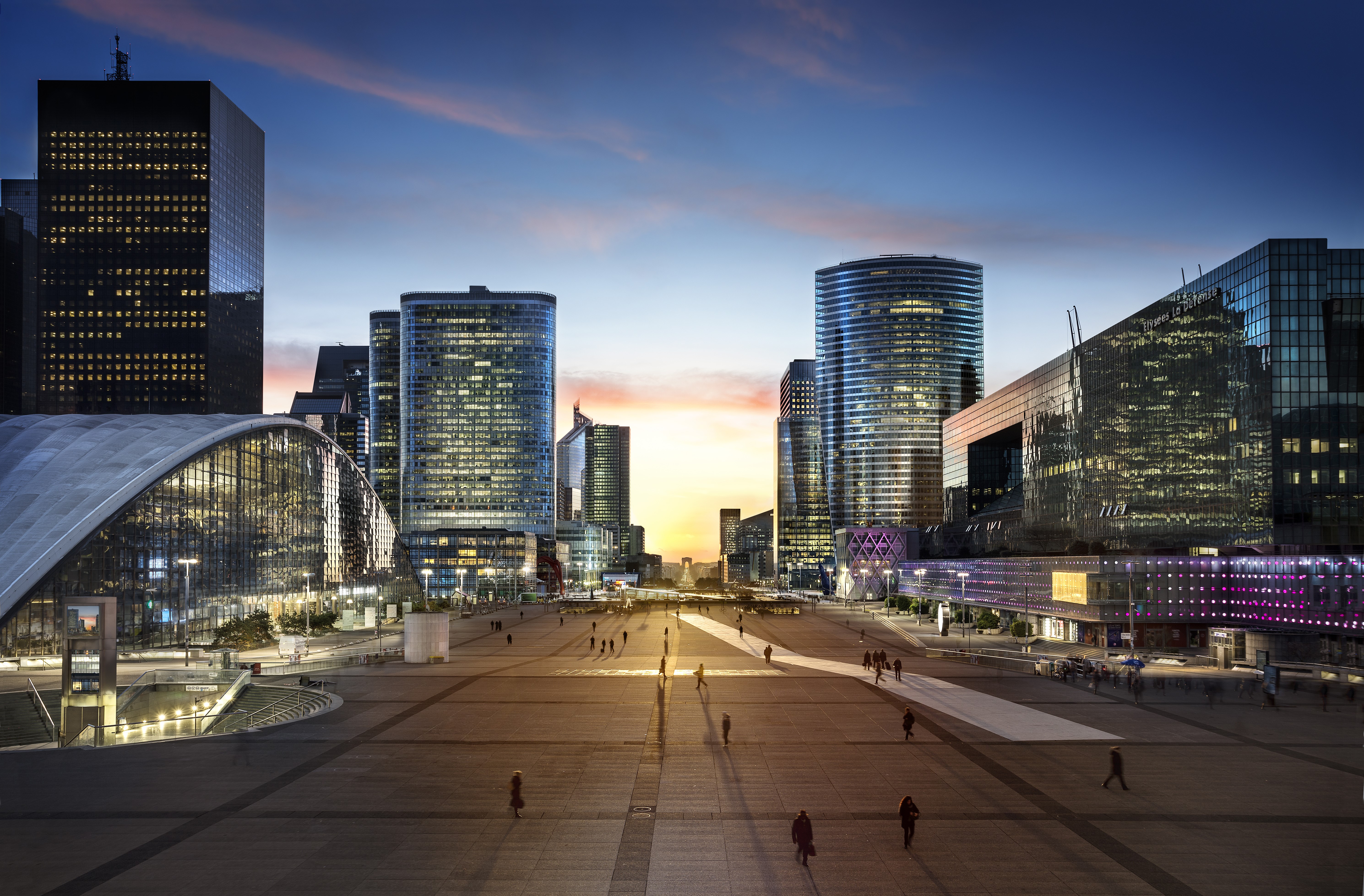 Modern city skyline at dusk in Paris, France HD Wallpaper