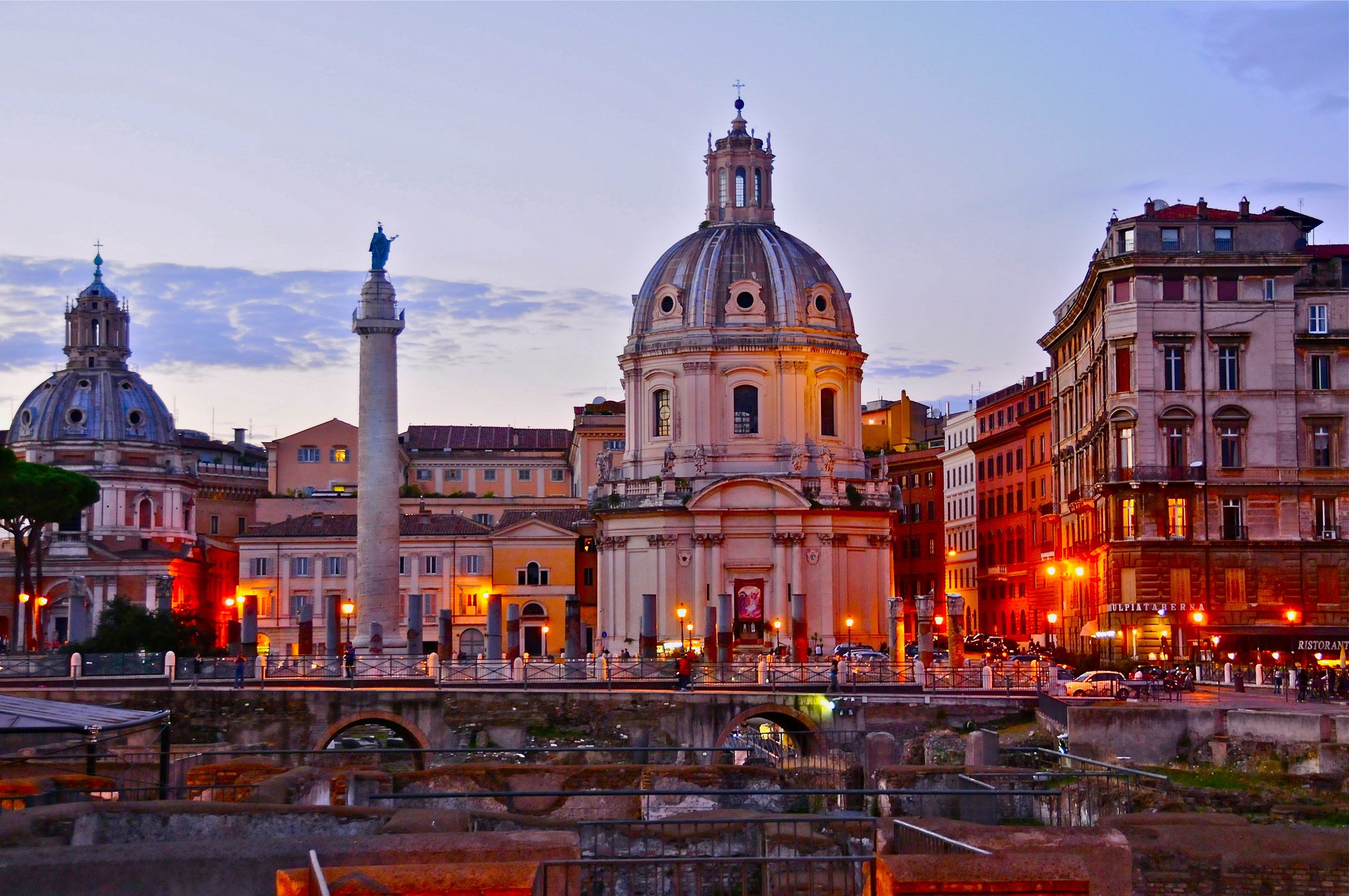 Evening view of Trajan's Column and churches in Rome HD Wallpaper