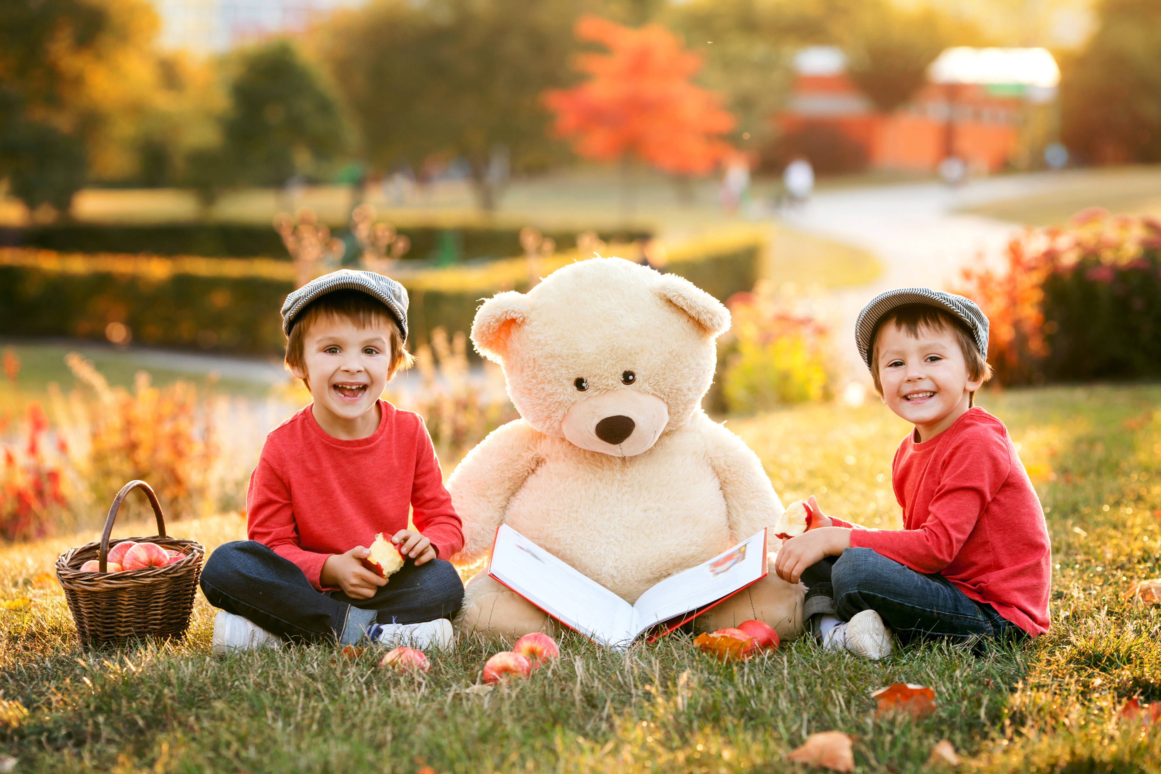Two boys with a teddy bear and apples in a park HD Wallpaper