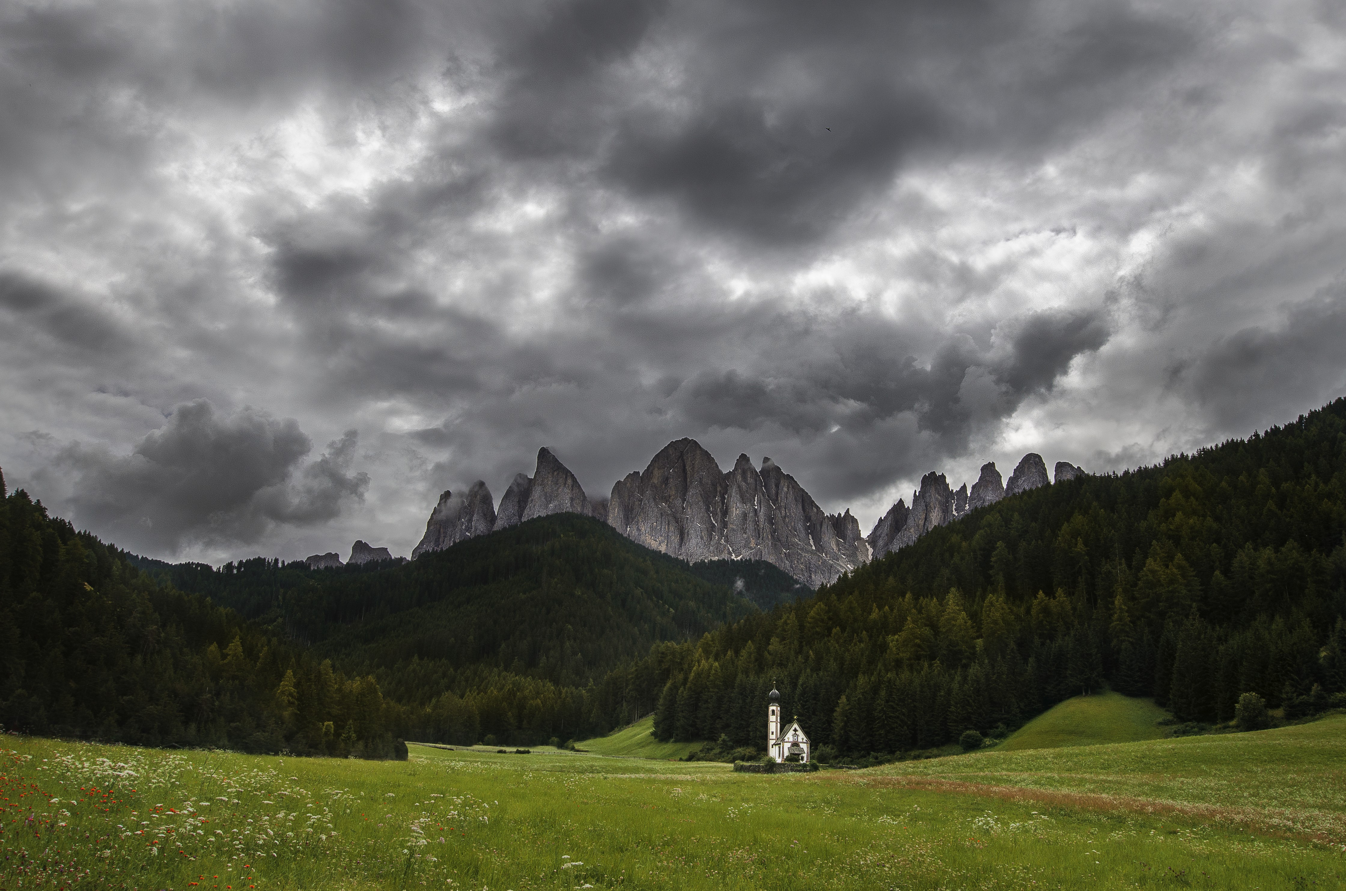 4K Dolomites St. Johann Mountains Grasslands Forests Clouds HD Wallpaper