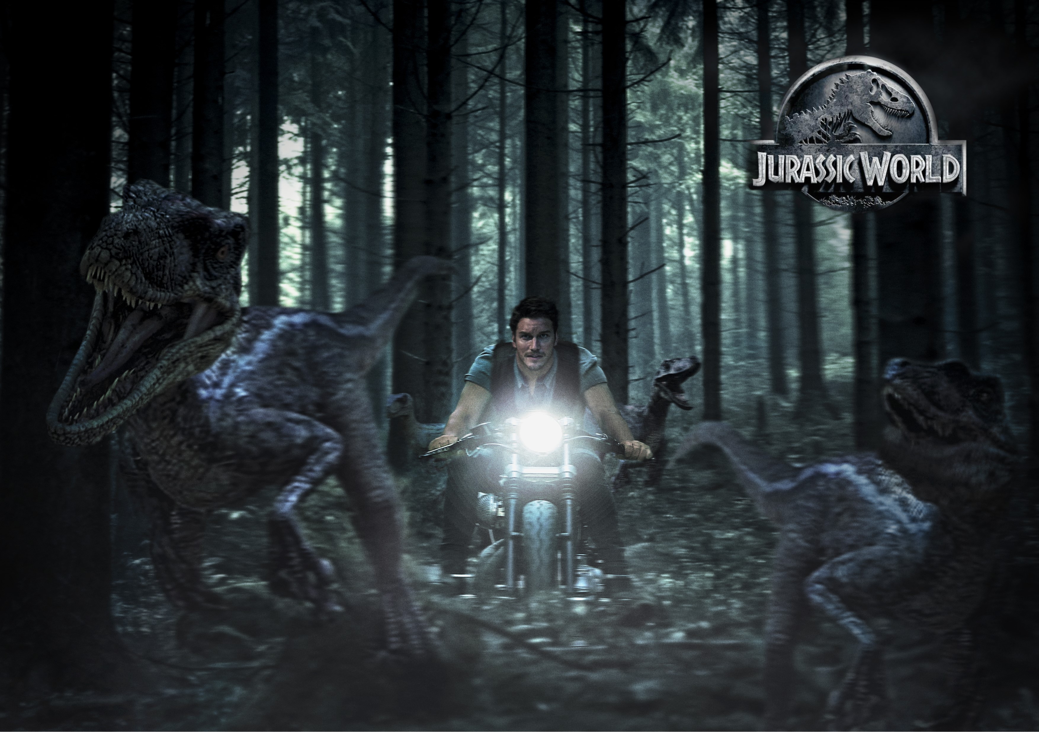 Chris Pratt riding a motorcycle with dinosaurs in Jurassic World HD Wallpaper