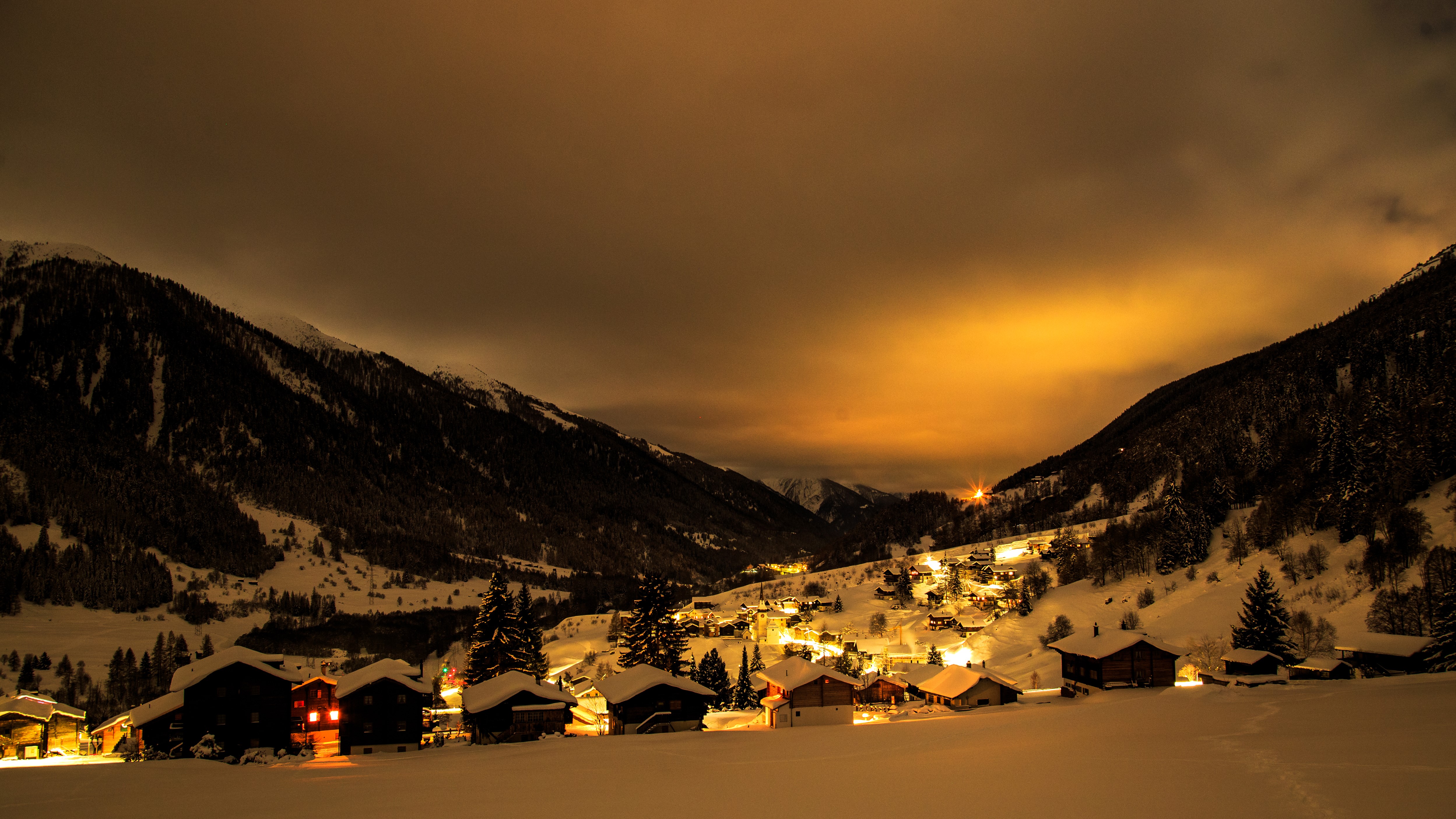 4K Winter Village in Grafschaft Goms, Switzerland at Night HD Wallpaper