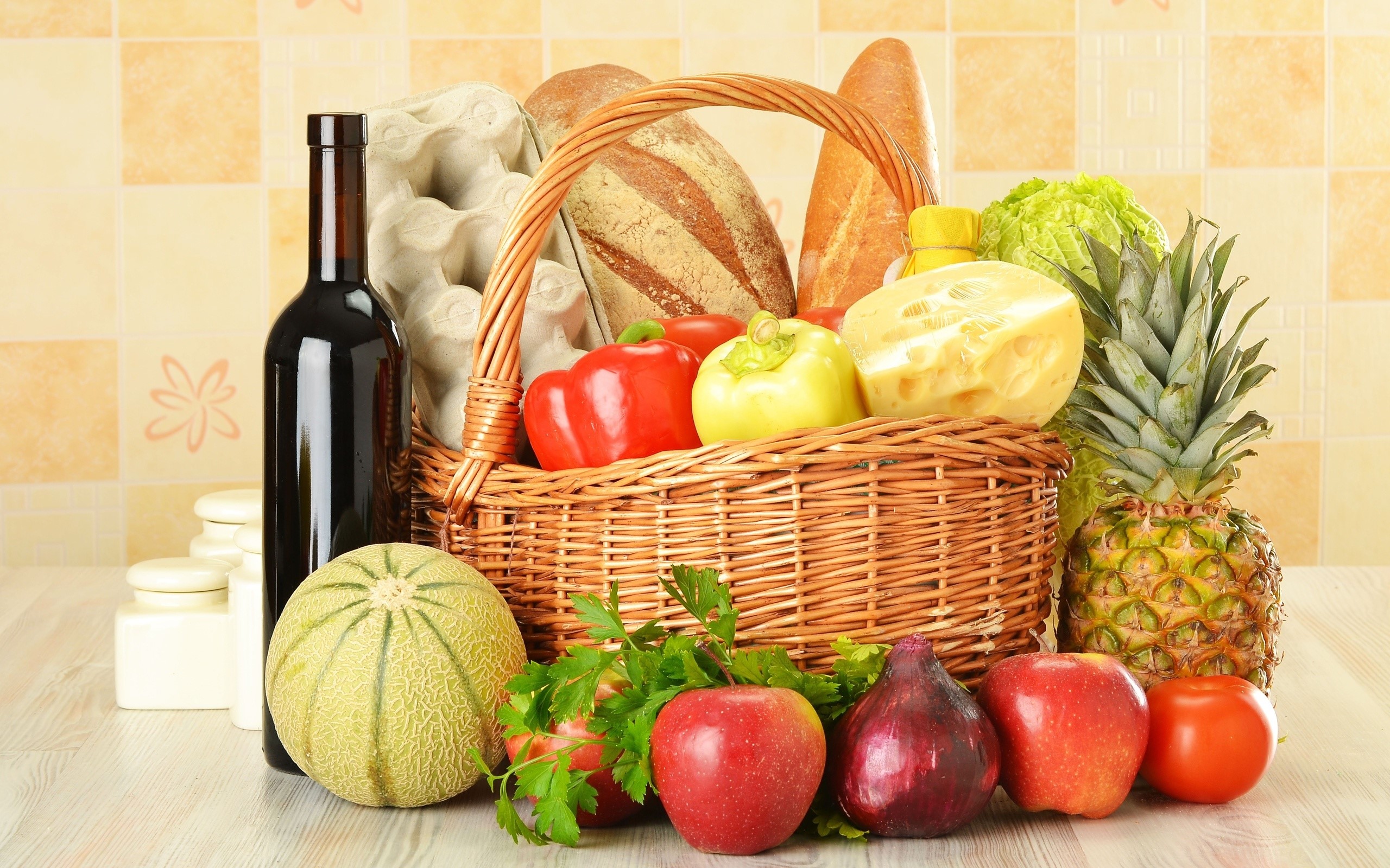 Still life of groceries in a wicker basket HD Wallpaper