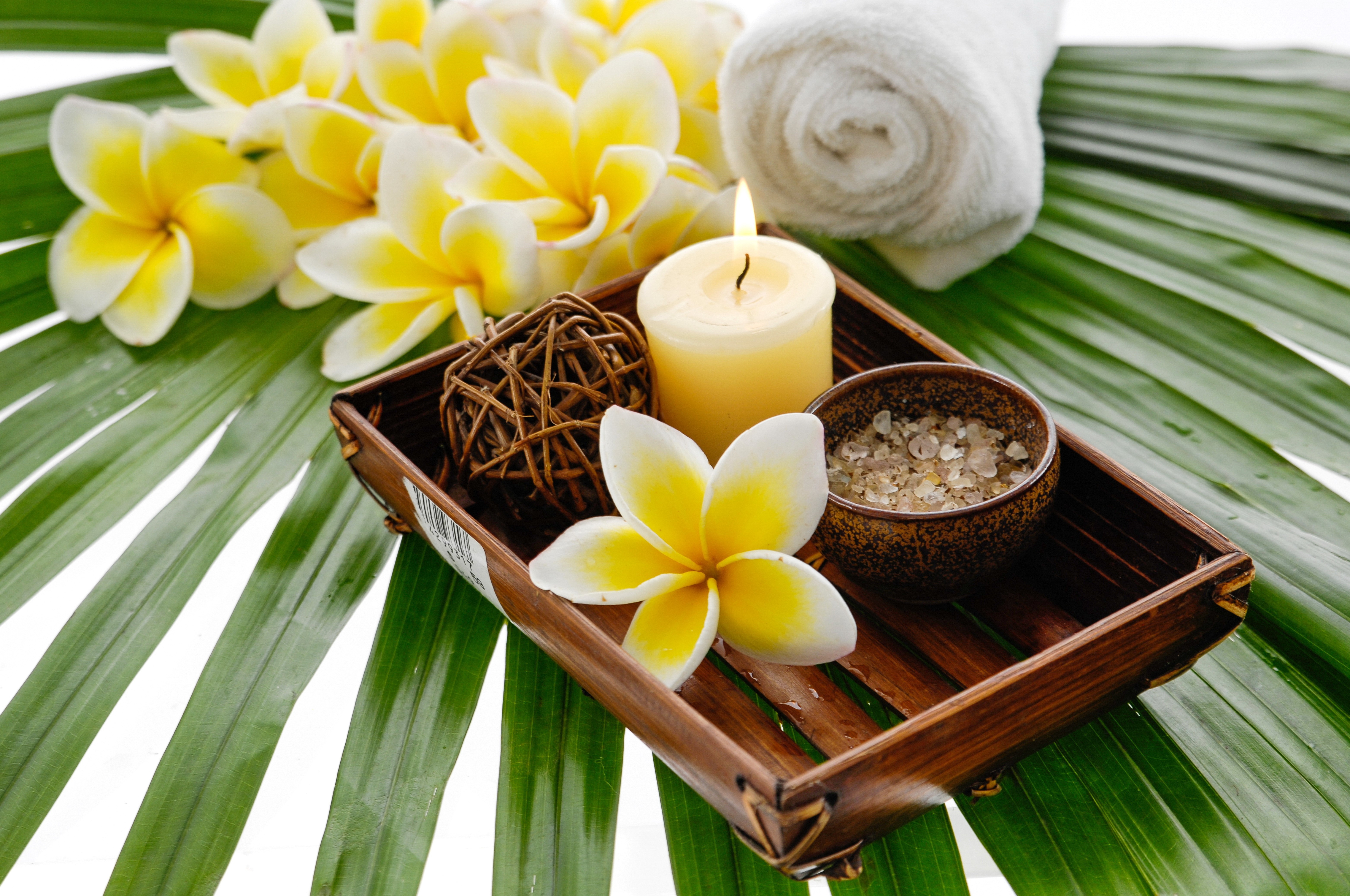 Spa setting with Plumeria flowers, candle, and salt HD Wallpaper