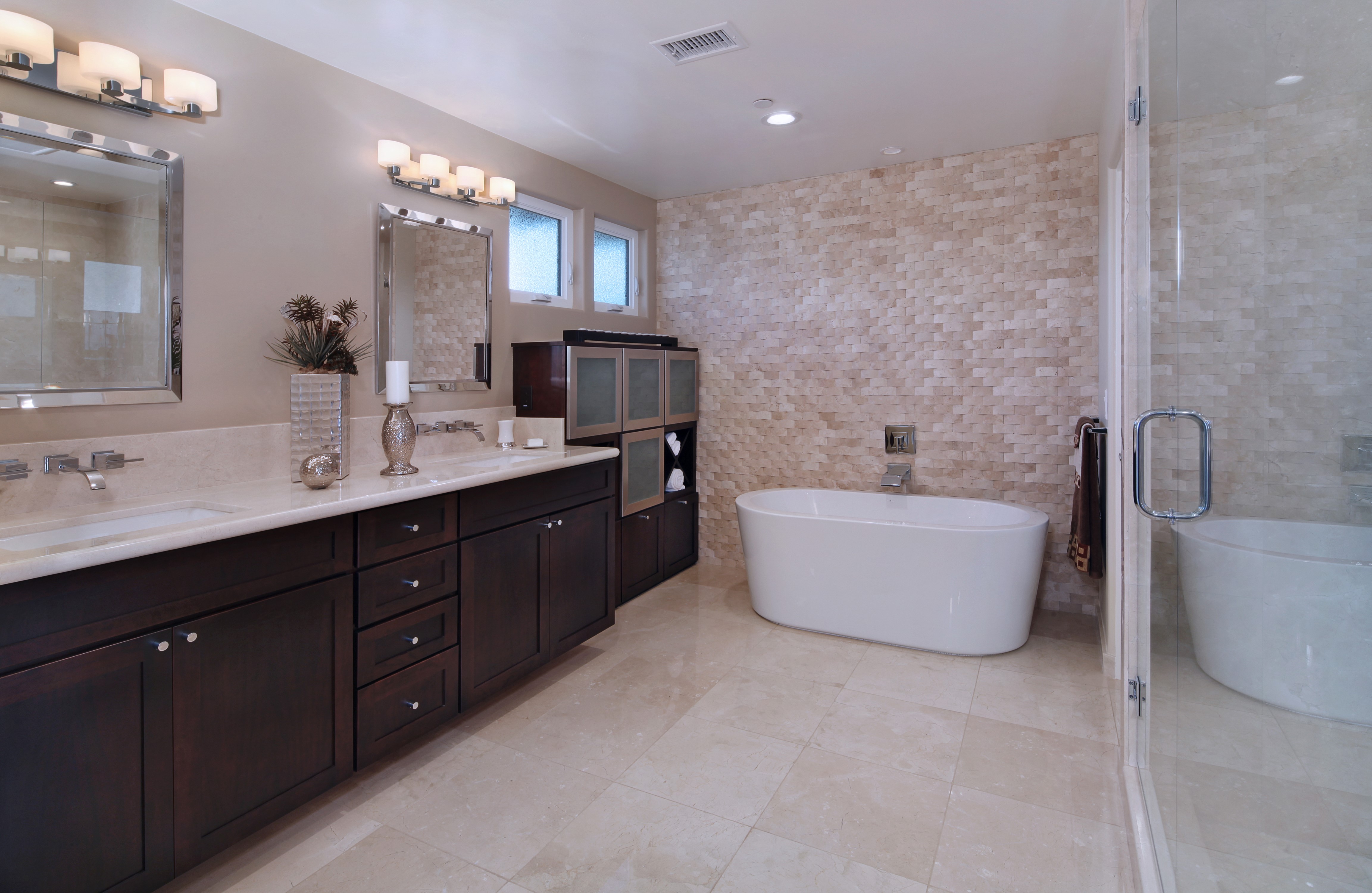 Modern Bathroom with Freestanding Tub and Glass Shower HD Wallpaper