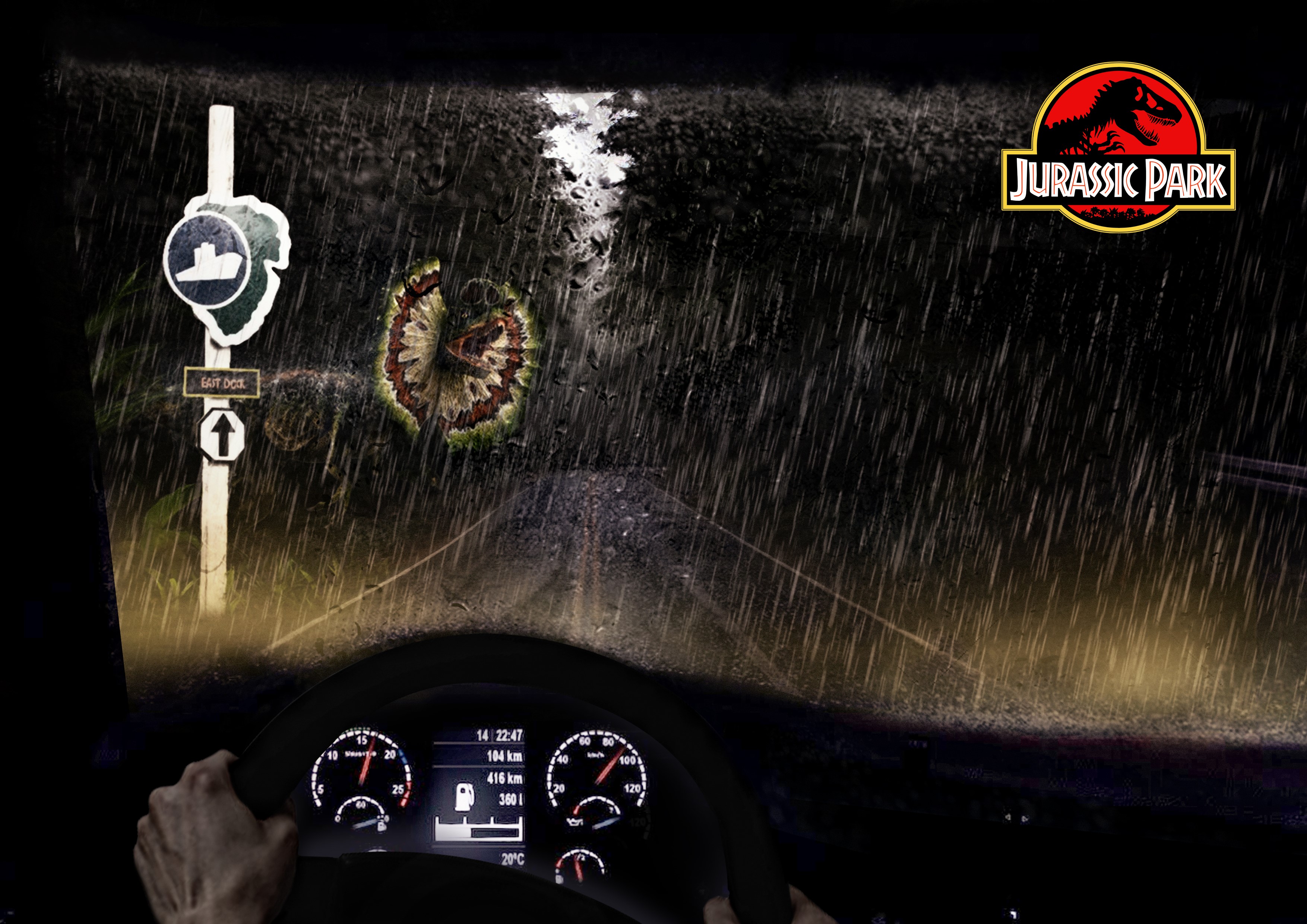 Jurassic Park logo on a rainy night HD Wallpaper