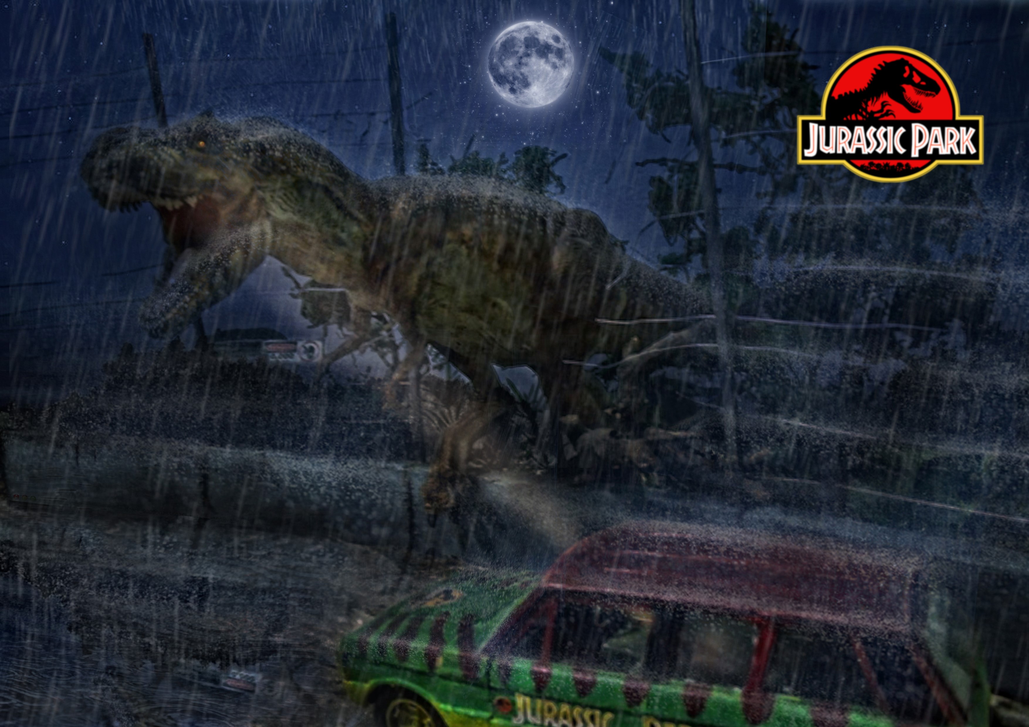 Tyrannosaurus Rex from Jurassic Park in the rain at night HD Wallpaper