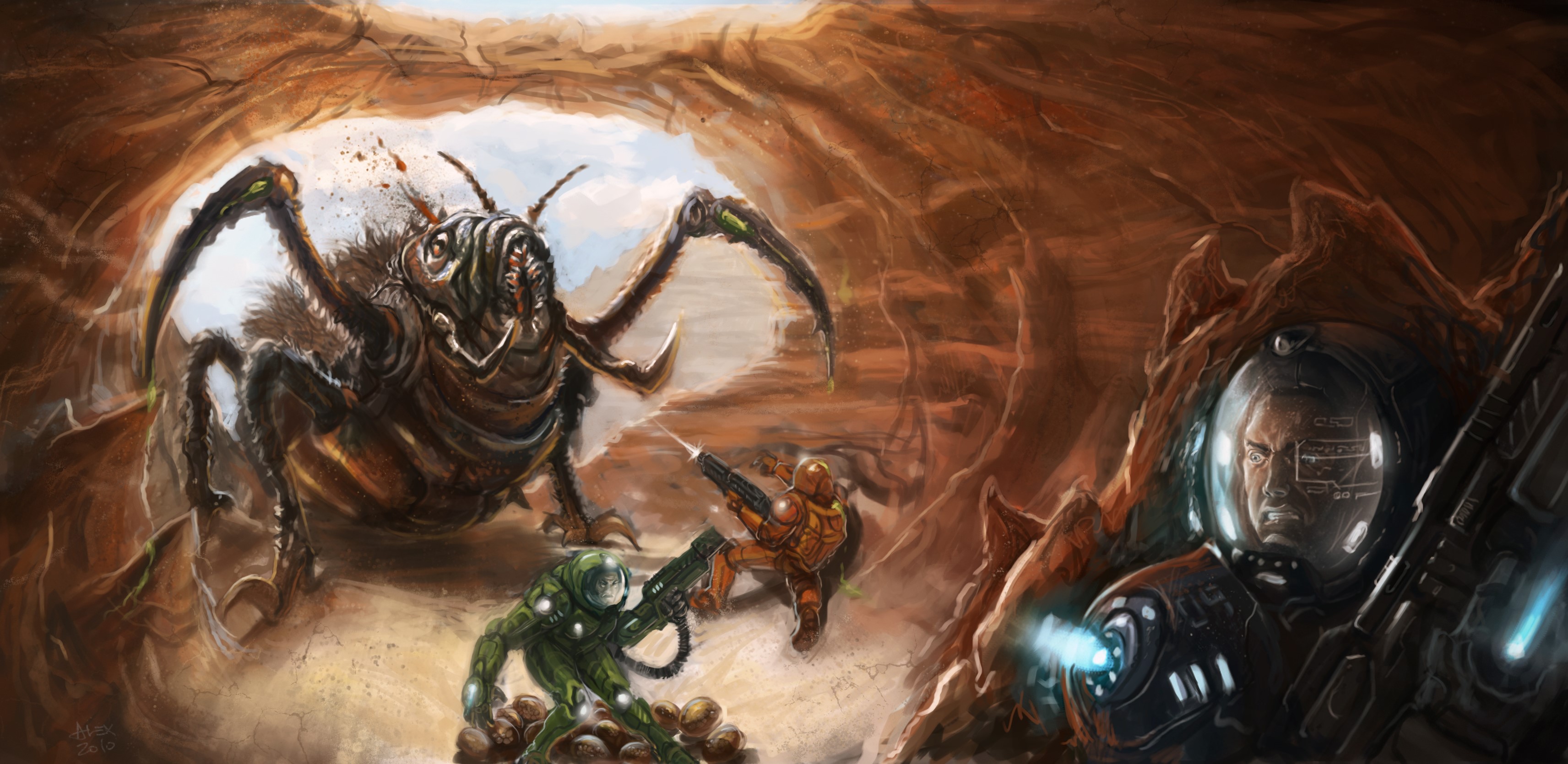 Soldiers fighting a giant insectoid creature in a cave HD Wallpaper