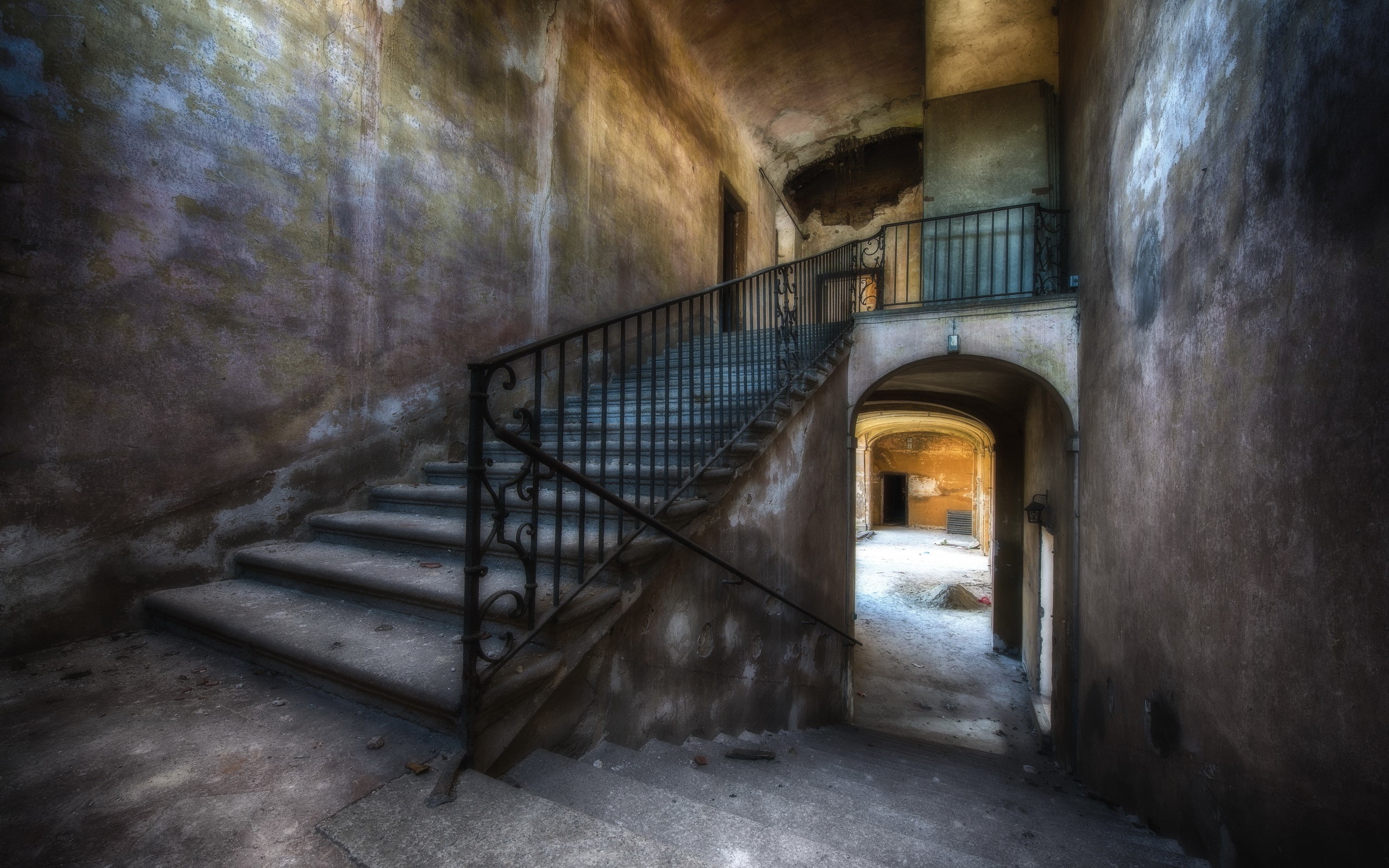 Abandoned building interior with grand staircase HD Wallpaper