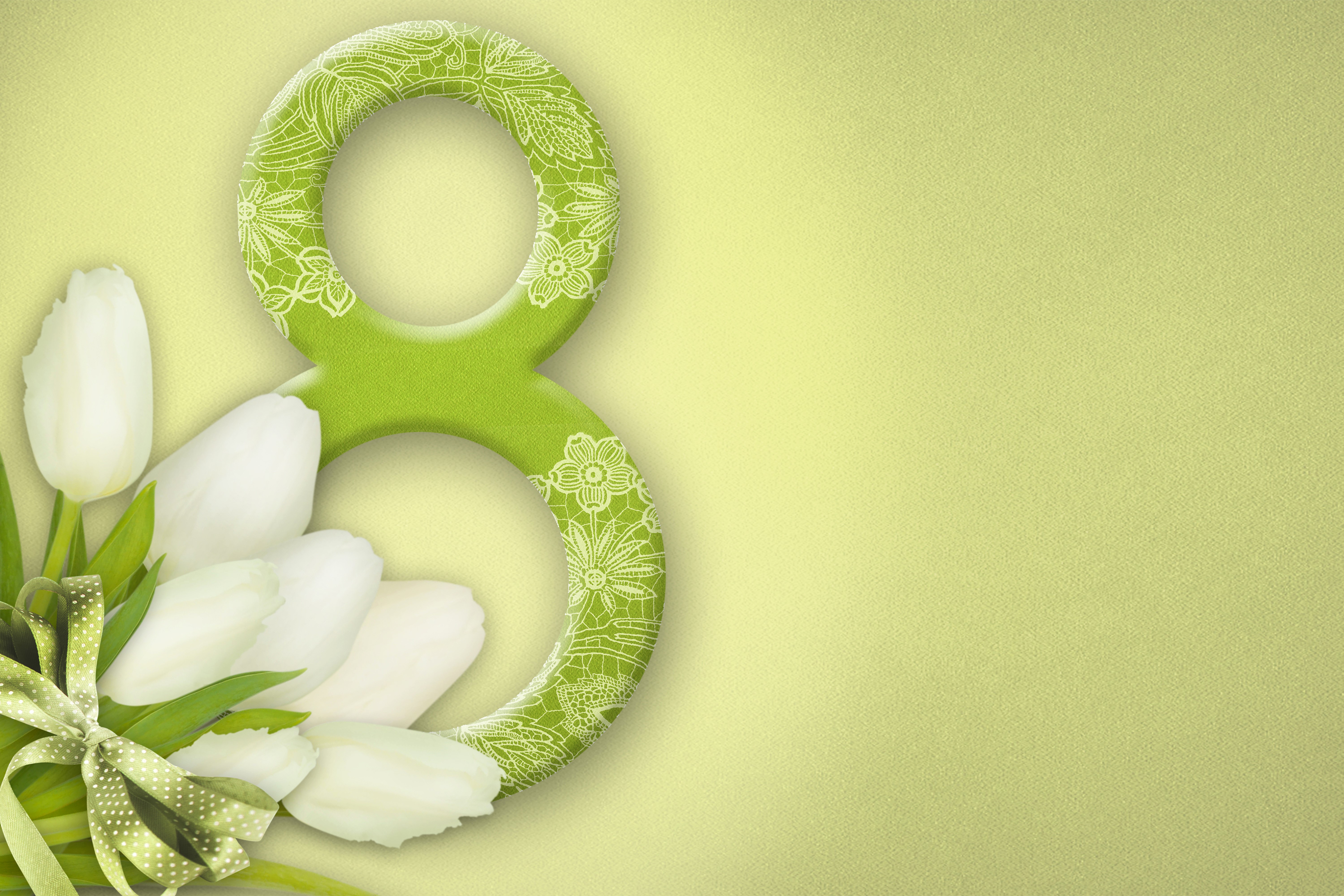 March 8th greeting with white tulips and number 8 HD Wallpaper