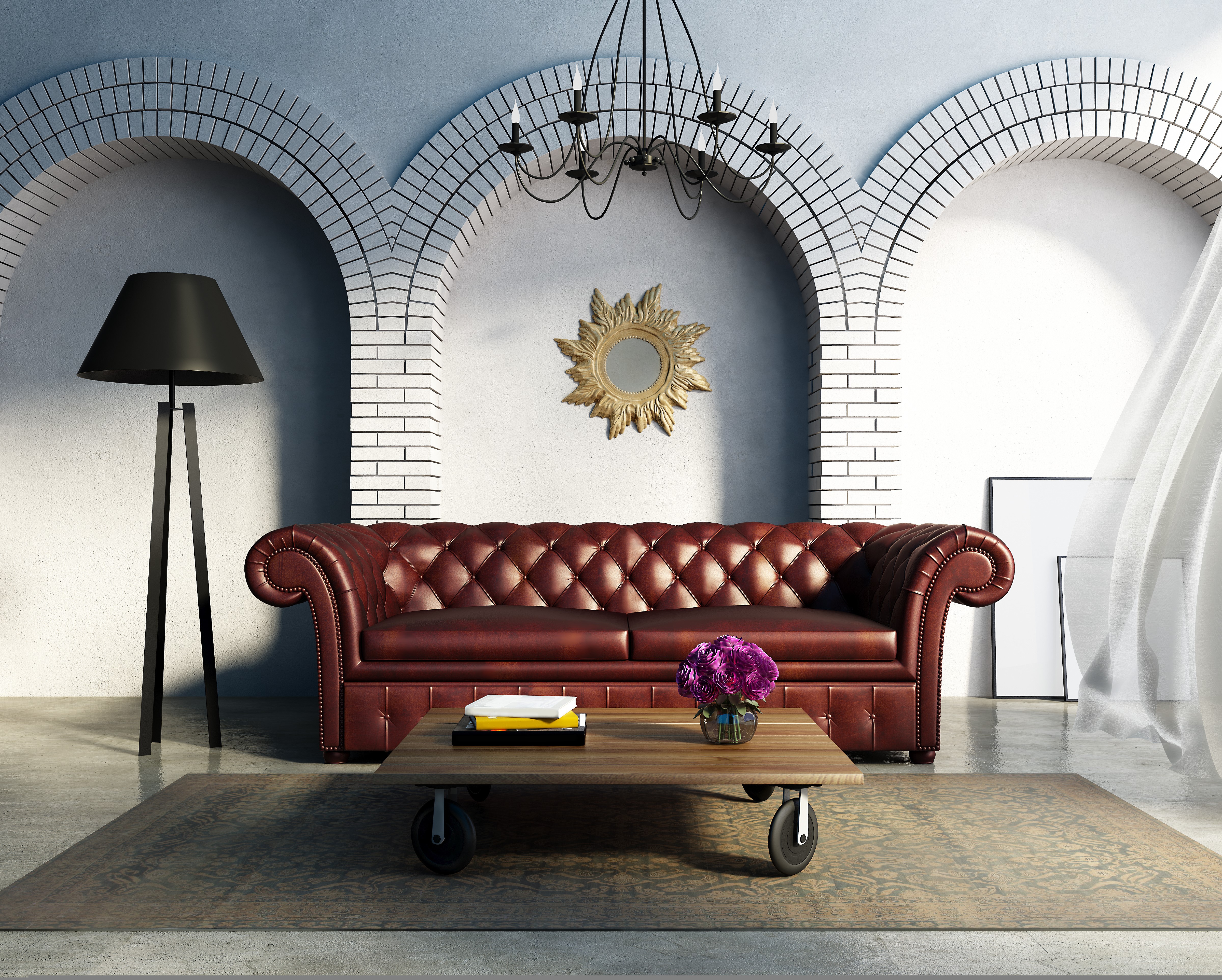 Interior with leather sofa and coffee table HD Wallpaper