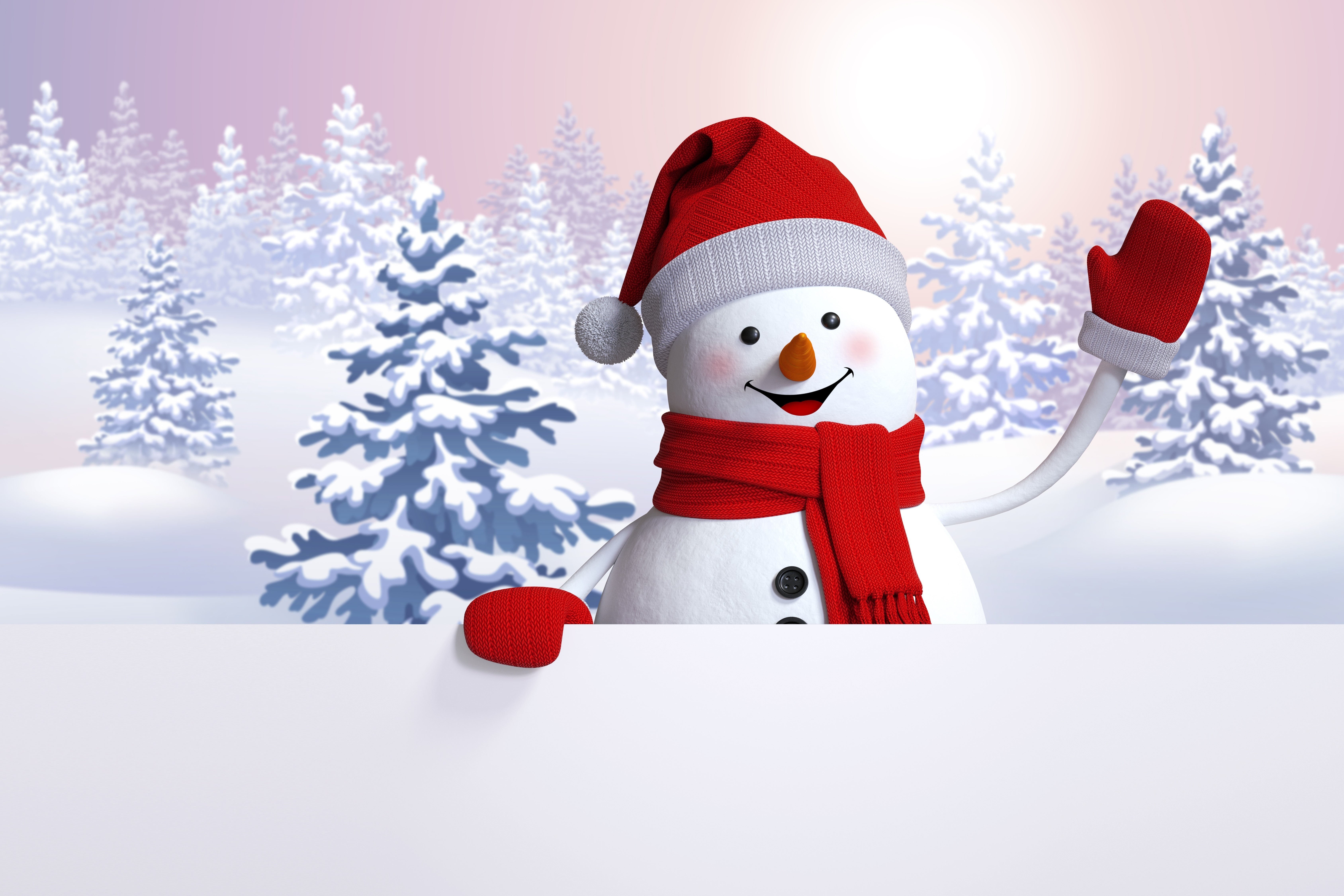 Snowman in a winter forest with a blank sign HD Wallpaper