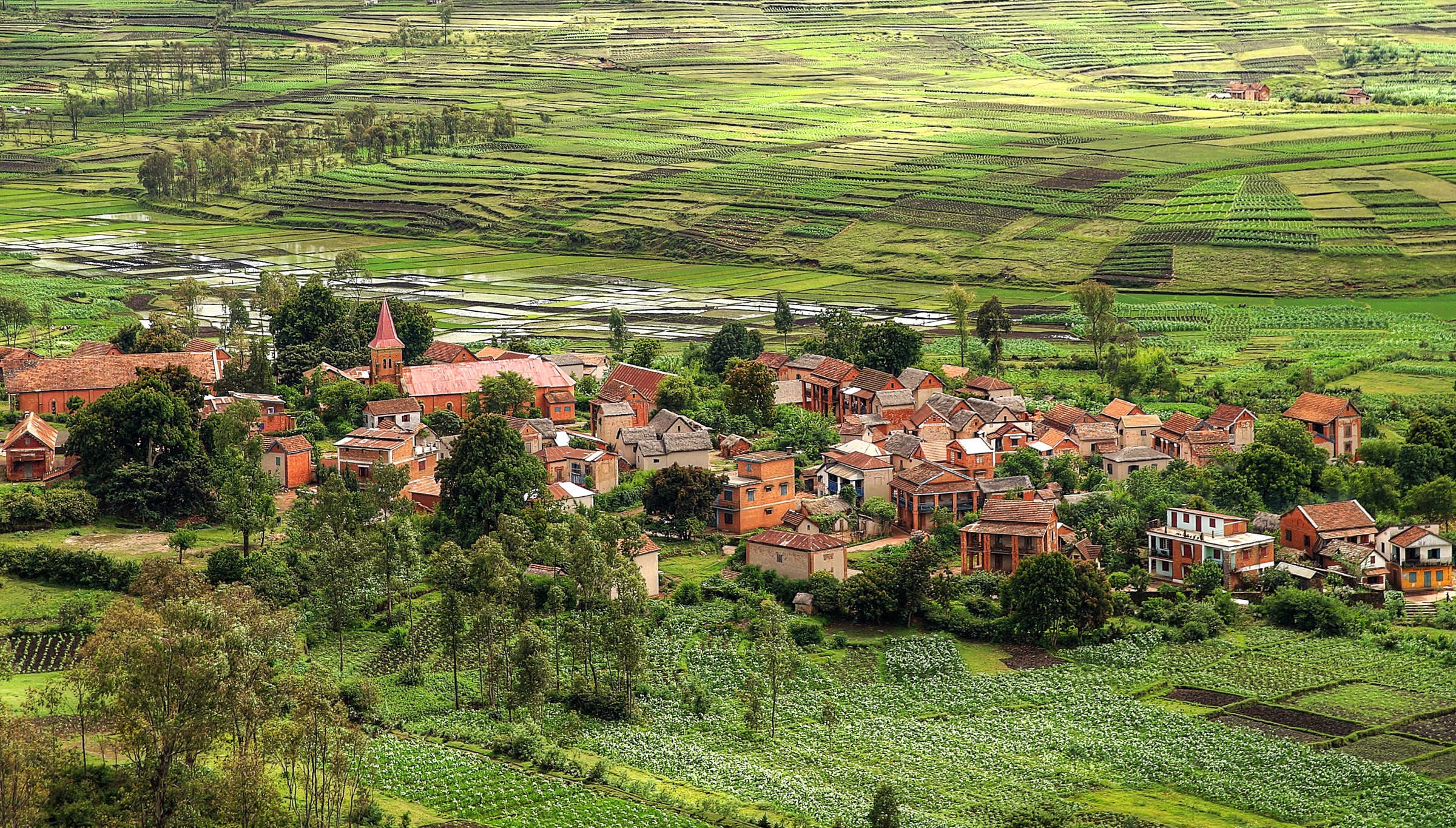 Village and terraced fields in Toliara, Madagascar HD Wallpaper