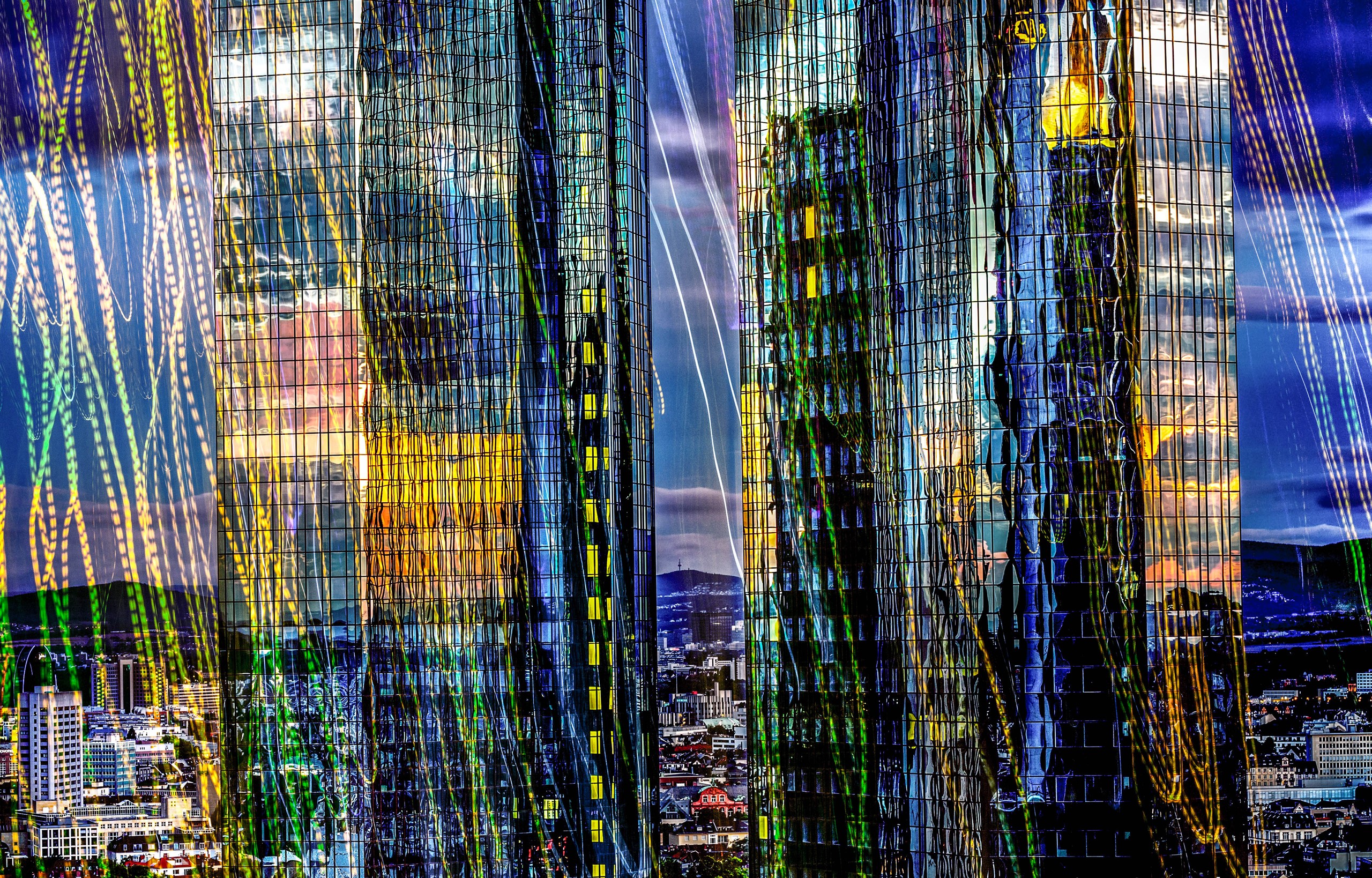 Abstract cityscape with light trails and reflections HD Wallpaper