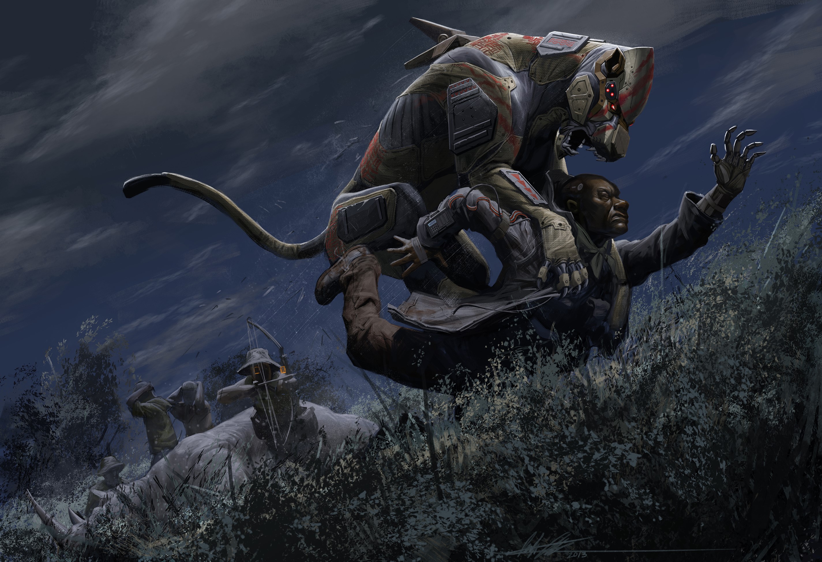 Robot Panther Attacks Man Near Rhinos and Archers at Night HD Wallpaper