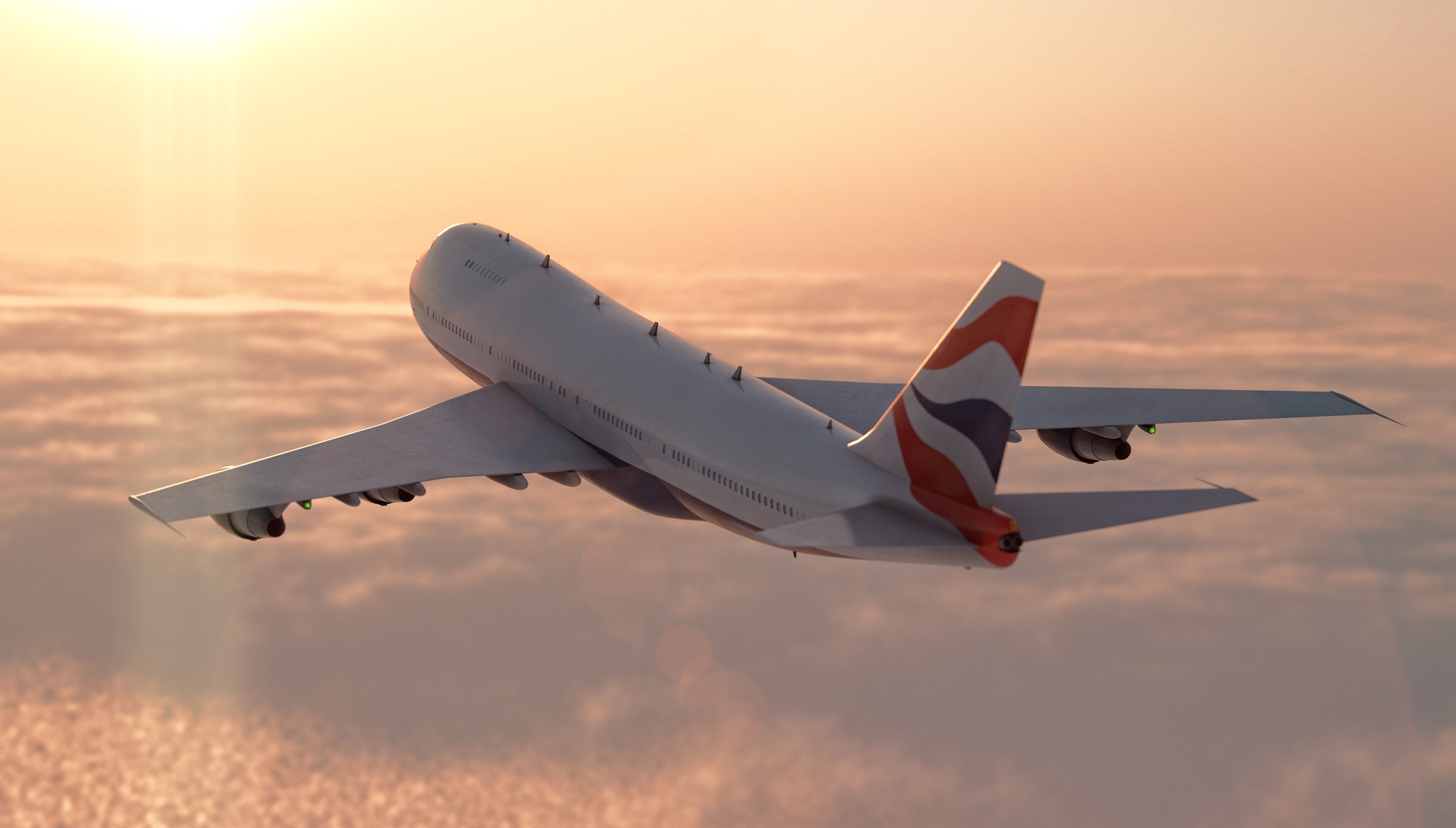 Airplane flying above clouds at sunset HD Wallpaper