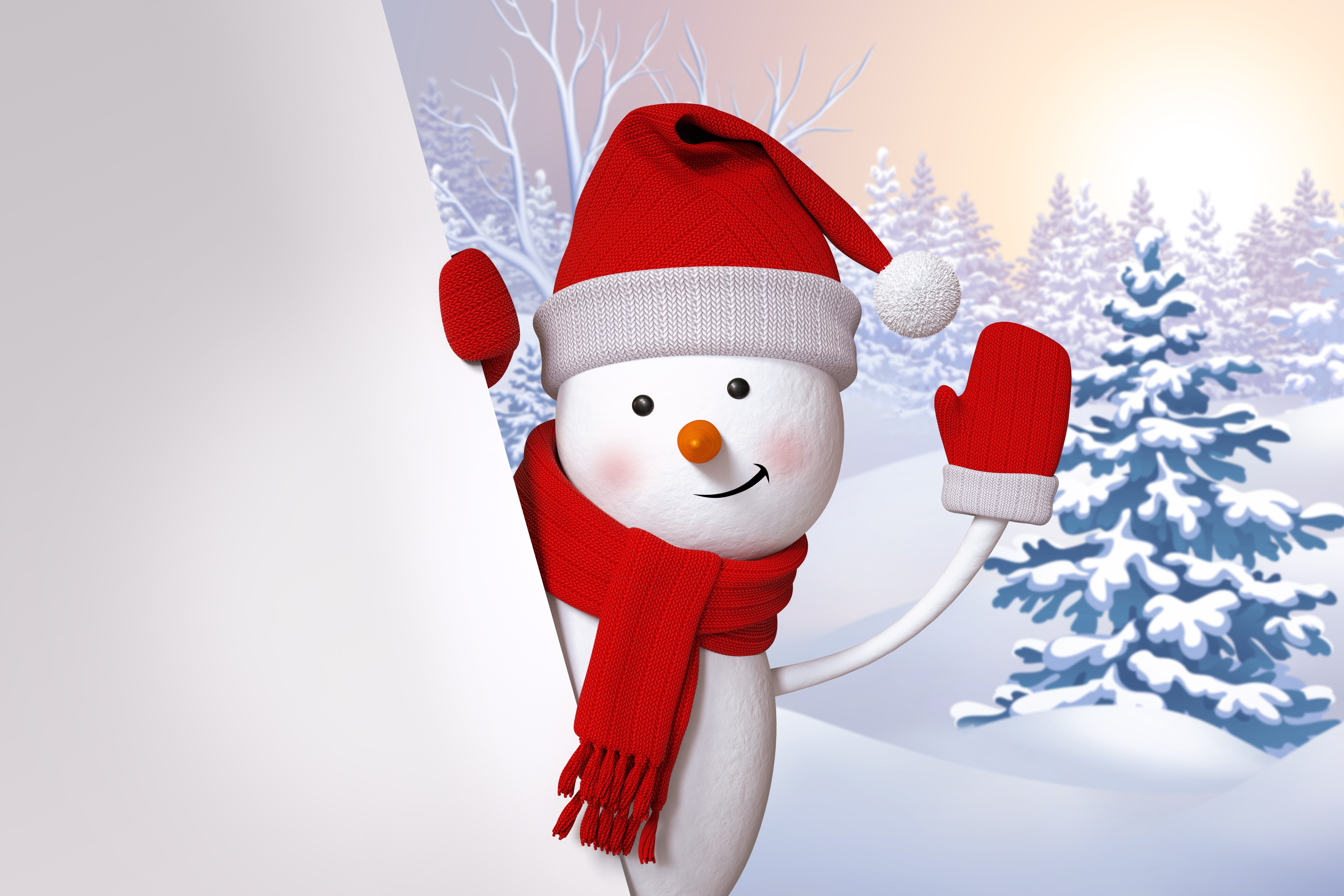 Snowman with Santa hat and scarf in winter landscape HD Wallpaper