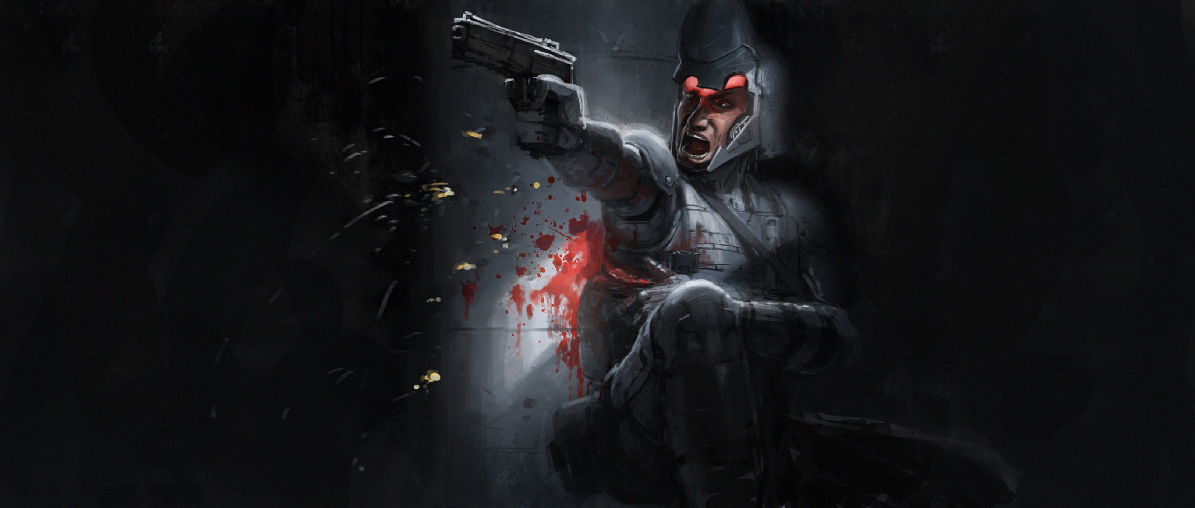 Warrior firing a pistol with blood splatter HD Wallpaper